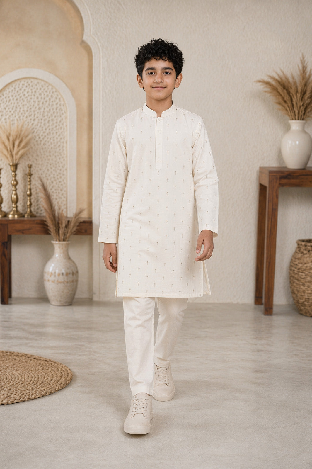 Cream Scattered Buti Embroidered Kurta & Pyjama Set for Boys
