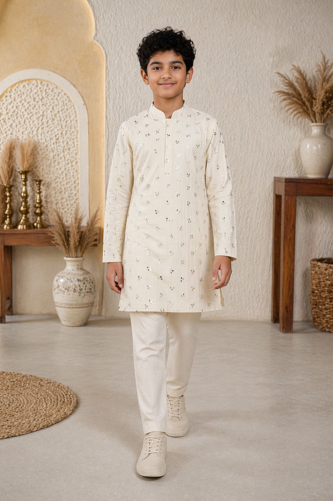 Cream Scattered Sequin Buti & Pintuck Kurta & Pyjama Set for Boys