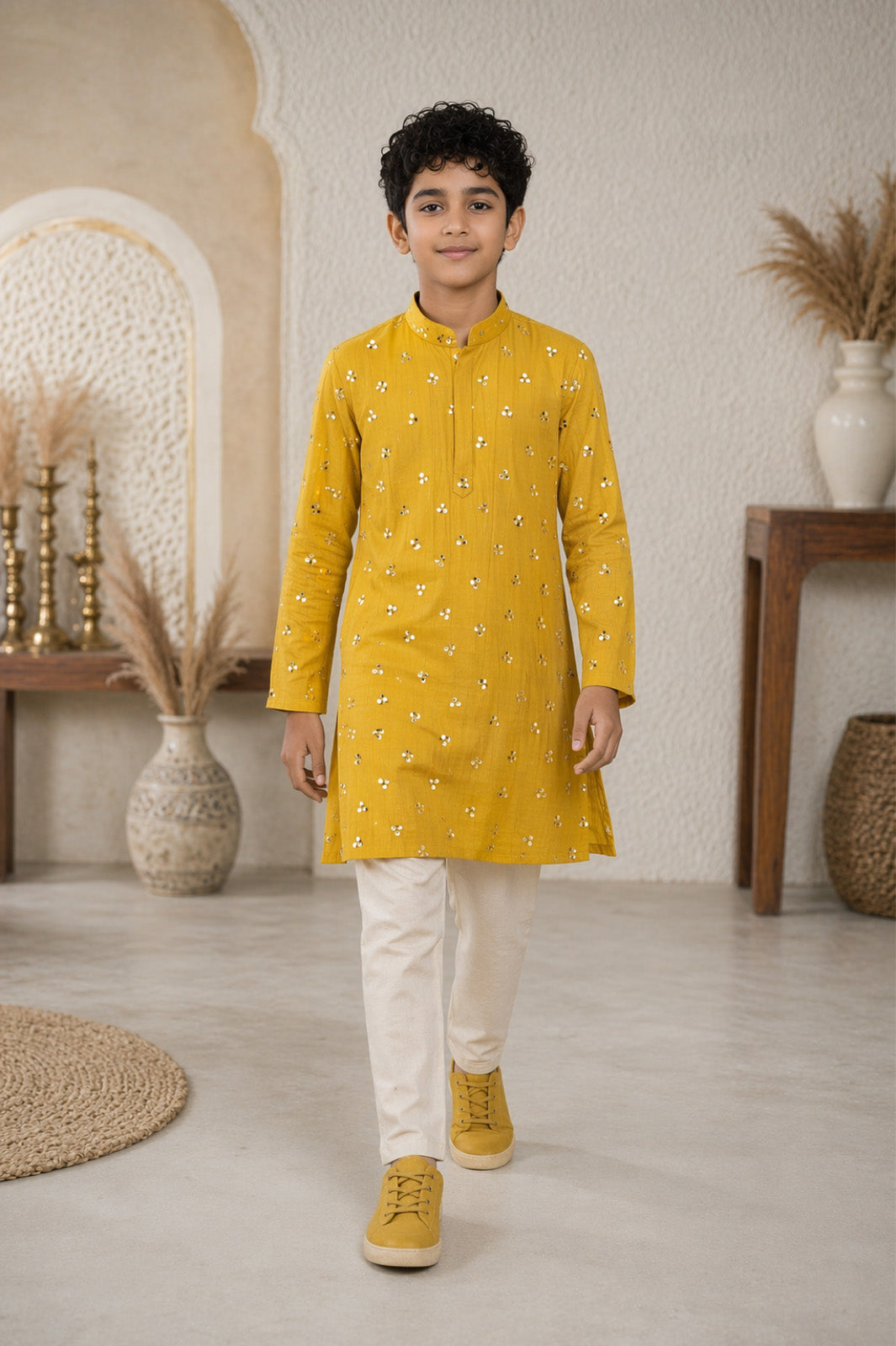 Mustard Yellow Scattered Sequin Buti & Pintuck Kurta & Pyjama Set for Boys