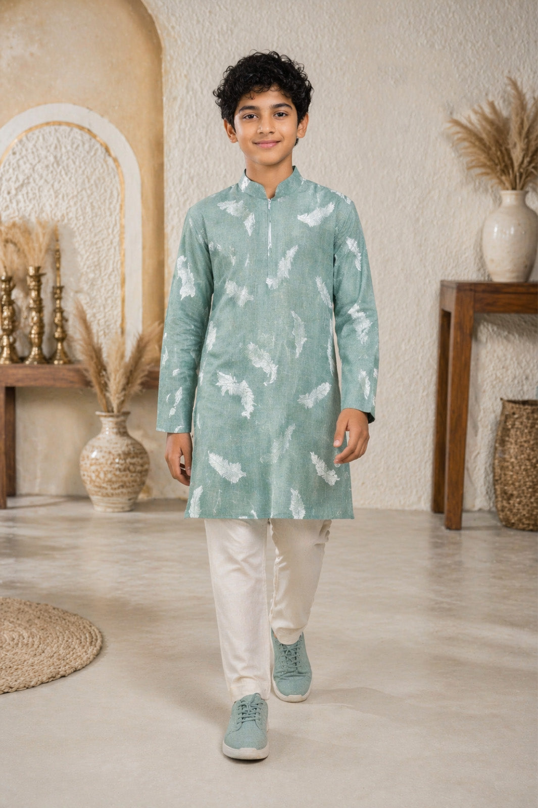 Teal Green Feather Print Kurta & Pyjama Set for Boys