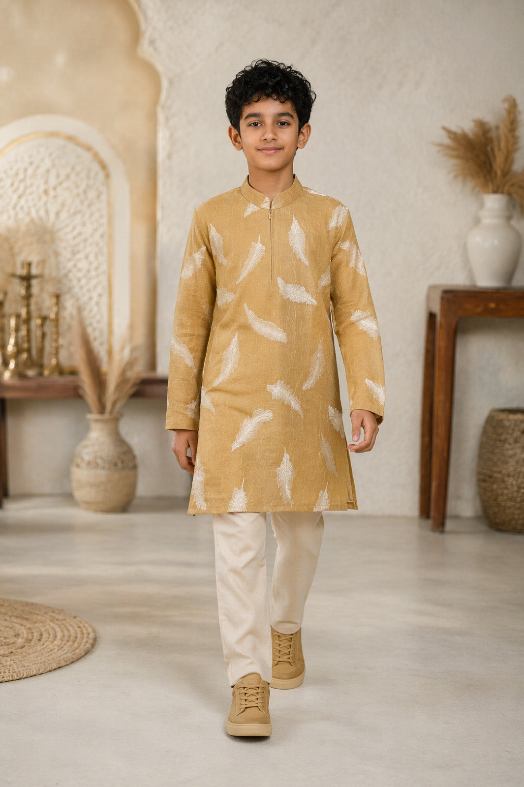 Mustard Feather Print Kurta & Pyjama Set for Boys
