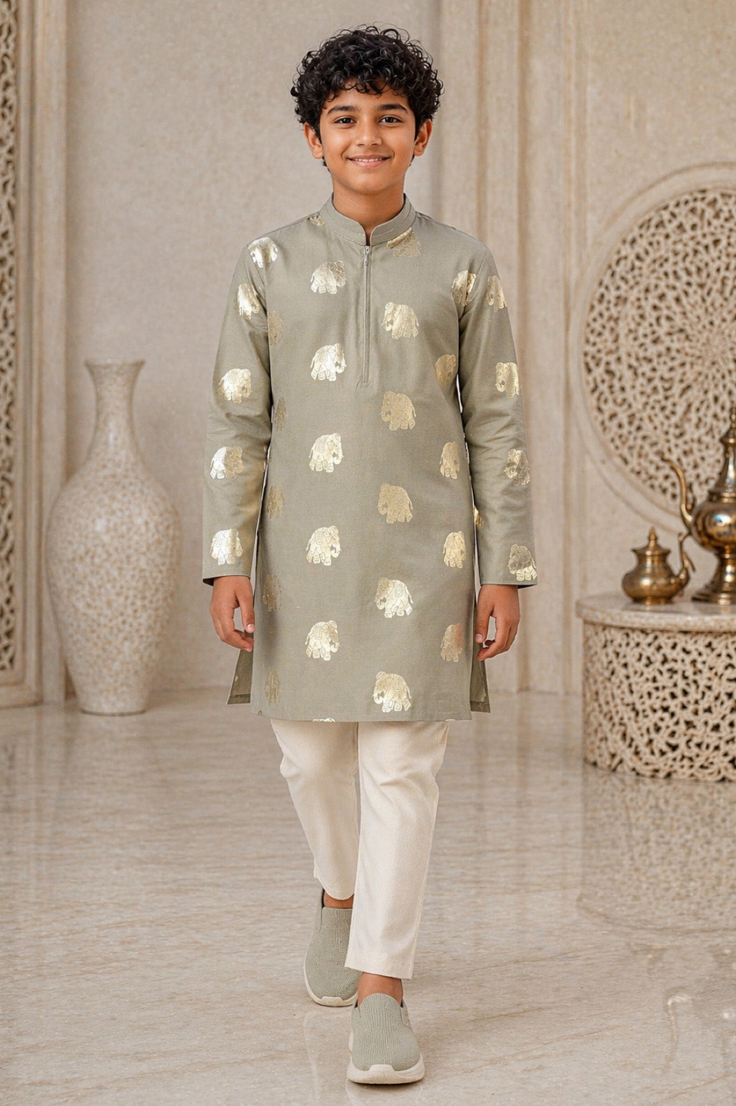 Sage Green Foil Elephant Print Kurta & Pyjama Set for Boys