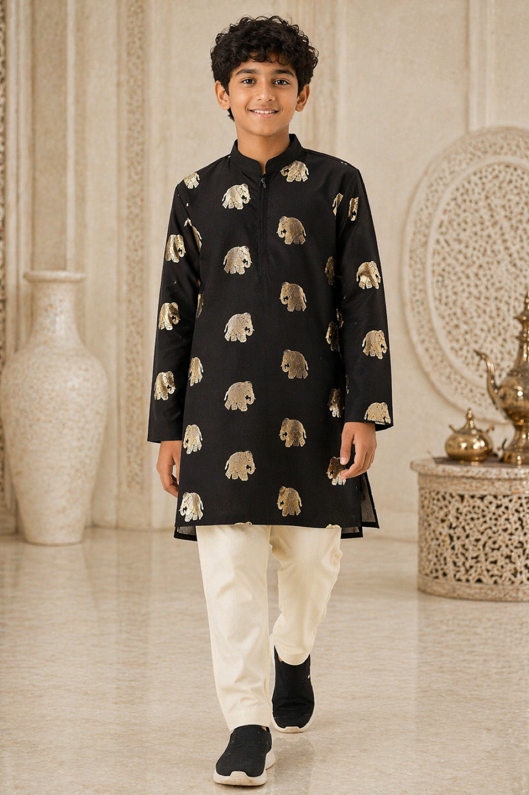 Black Foil Elephant Print Kurta & Pyjama Set for Boys