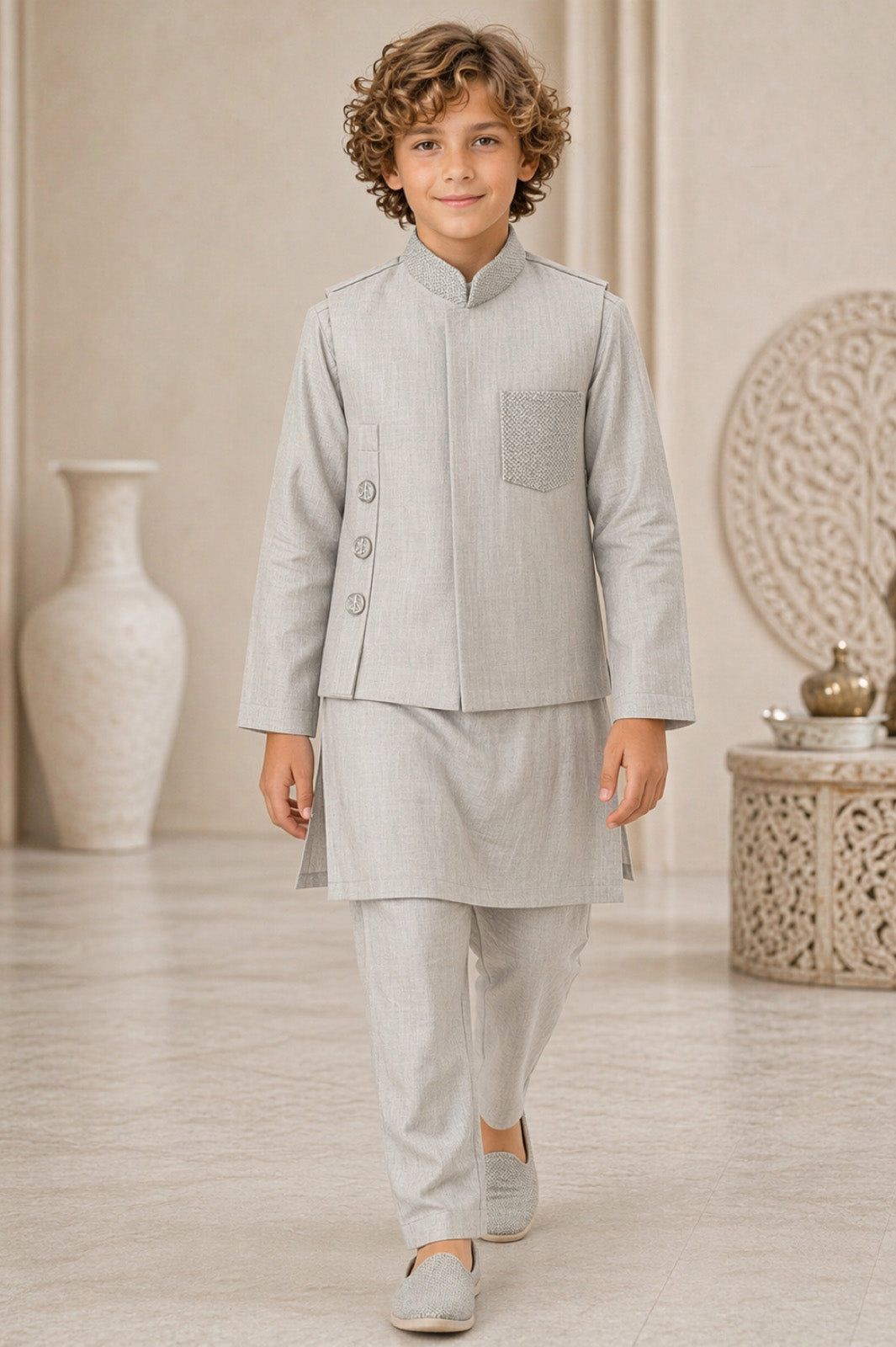 Light Grey Embroidered Bandi Kurta & Pyjama Set for Boys