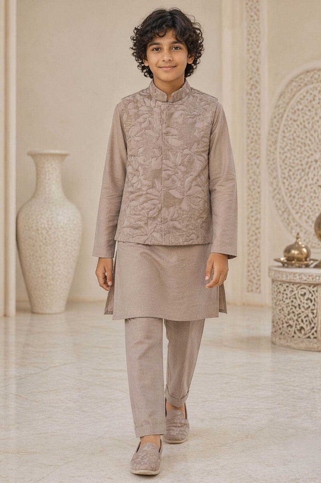 Taupe Tonal Floral Embroidered Bandi Kurta & Pyjama Set for Boys