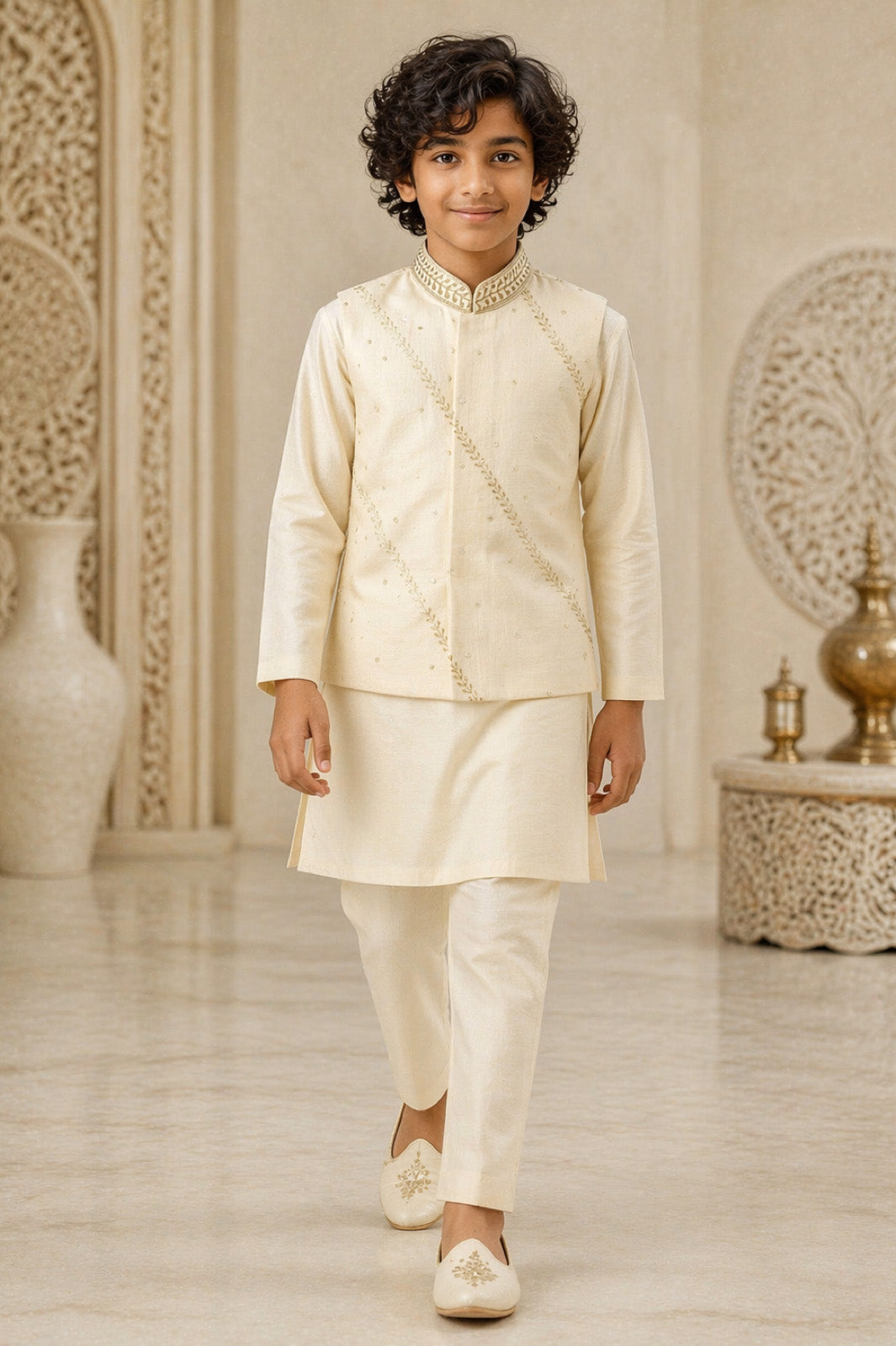 Cream Gold Zari Diagonal Embroidered Bandi Kurta & Pyjama Set for Boys