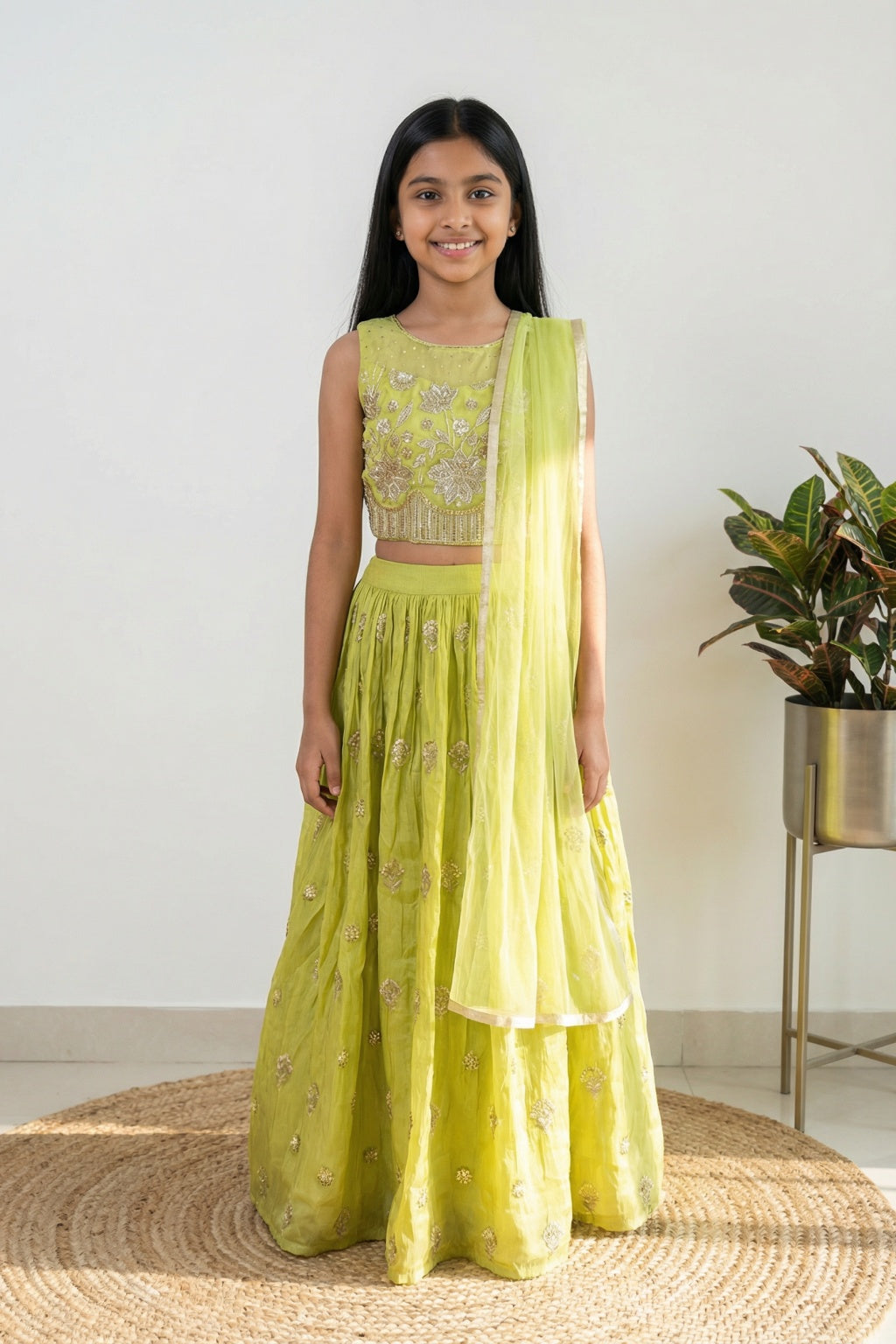 Lime Green Tissue Silk Embroidered Lehenga Set for Girls