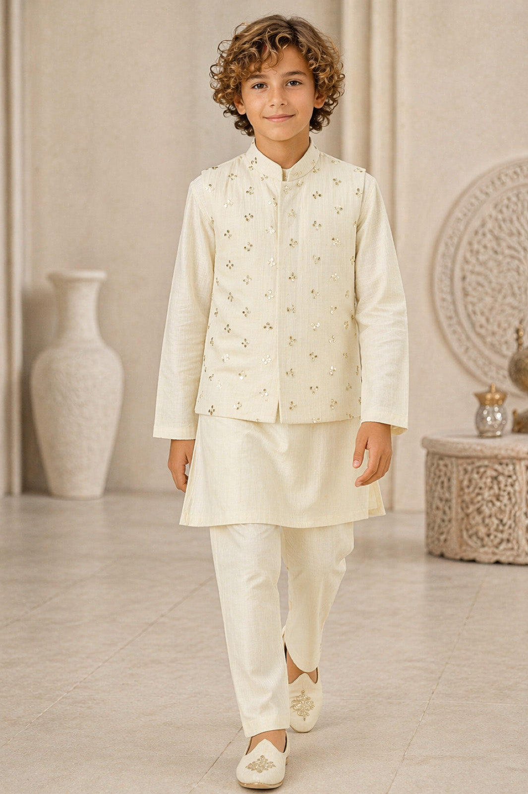 Cream Mirror Work Scattered Buti Bandi Kurta & Pyjama Set for Boys
