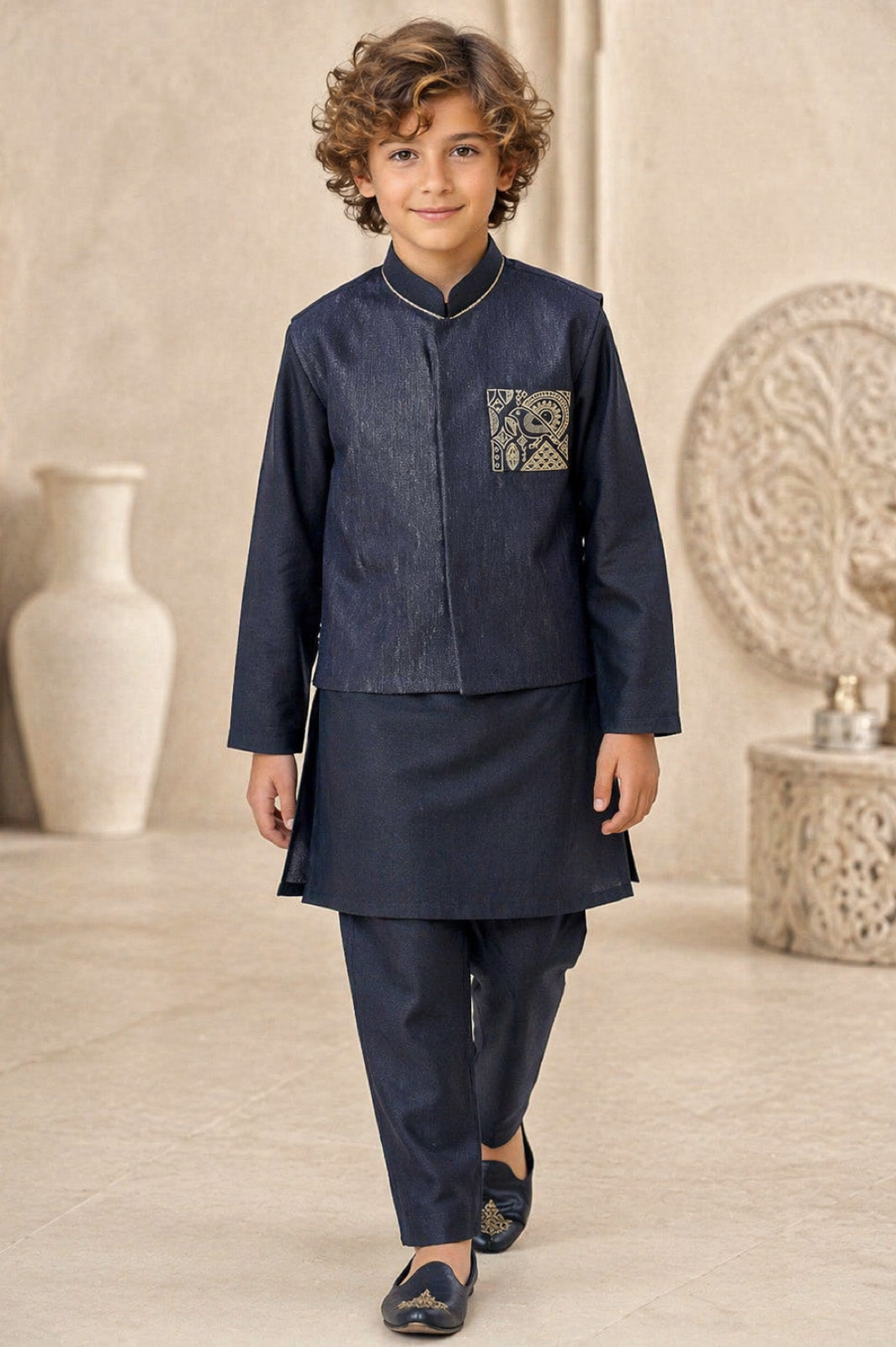 Navy Blue Gold Embroidered Pocket Bandi Kurta & Pyjama Set for Boys