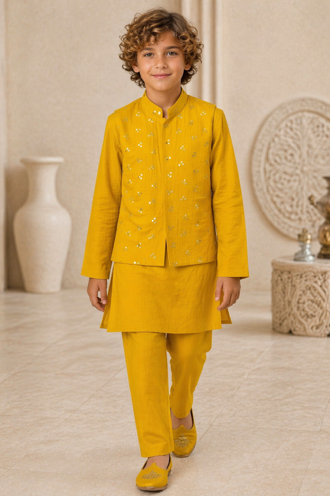Mustard Yellow Mirror Work Scattered Buti Bandi Kurta & Pyjama Set for Boys