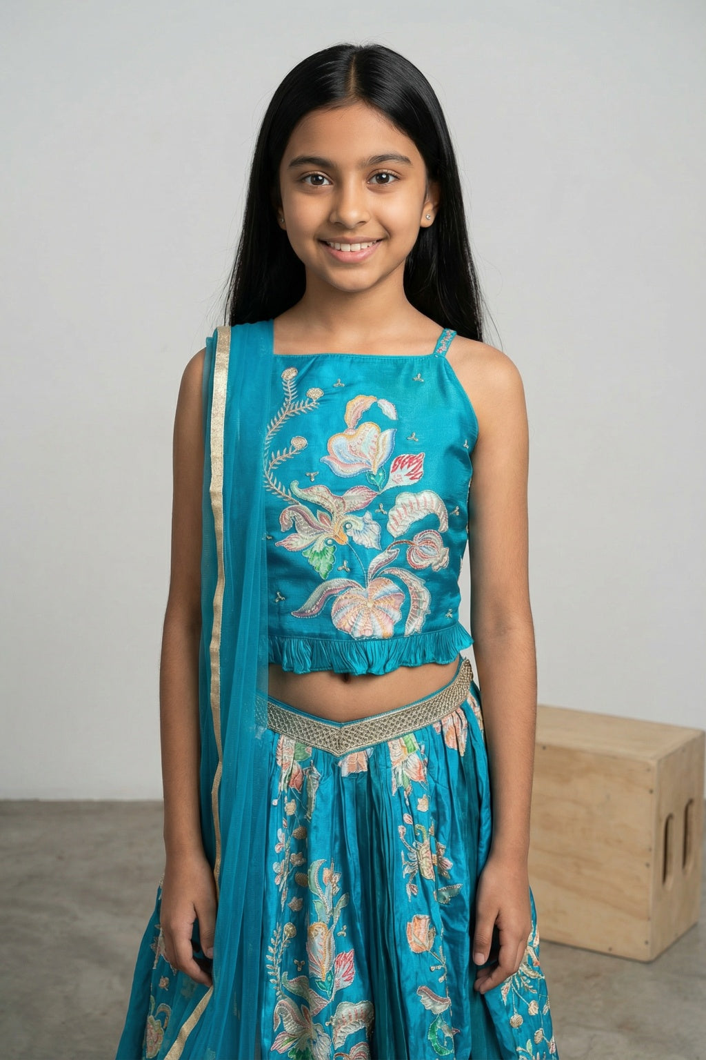 Teal Embroidered Kids Lehenga Set