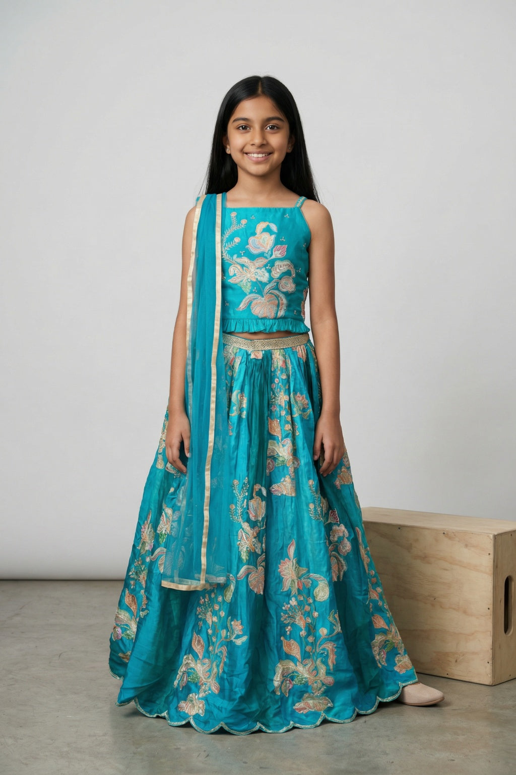 Teal Embroidered Kids Lehenga Set