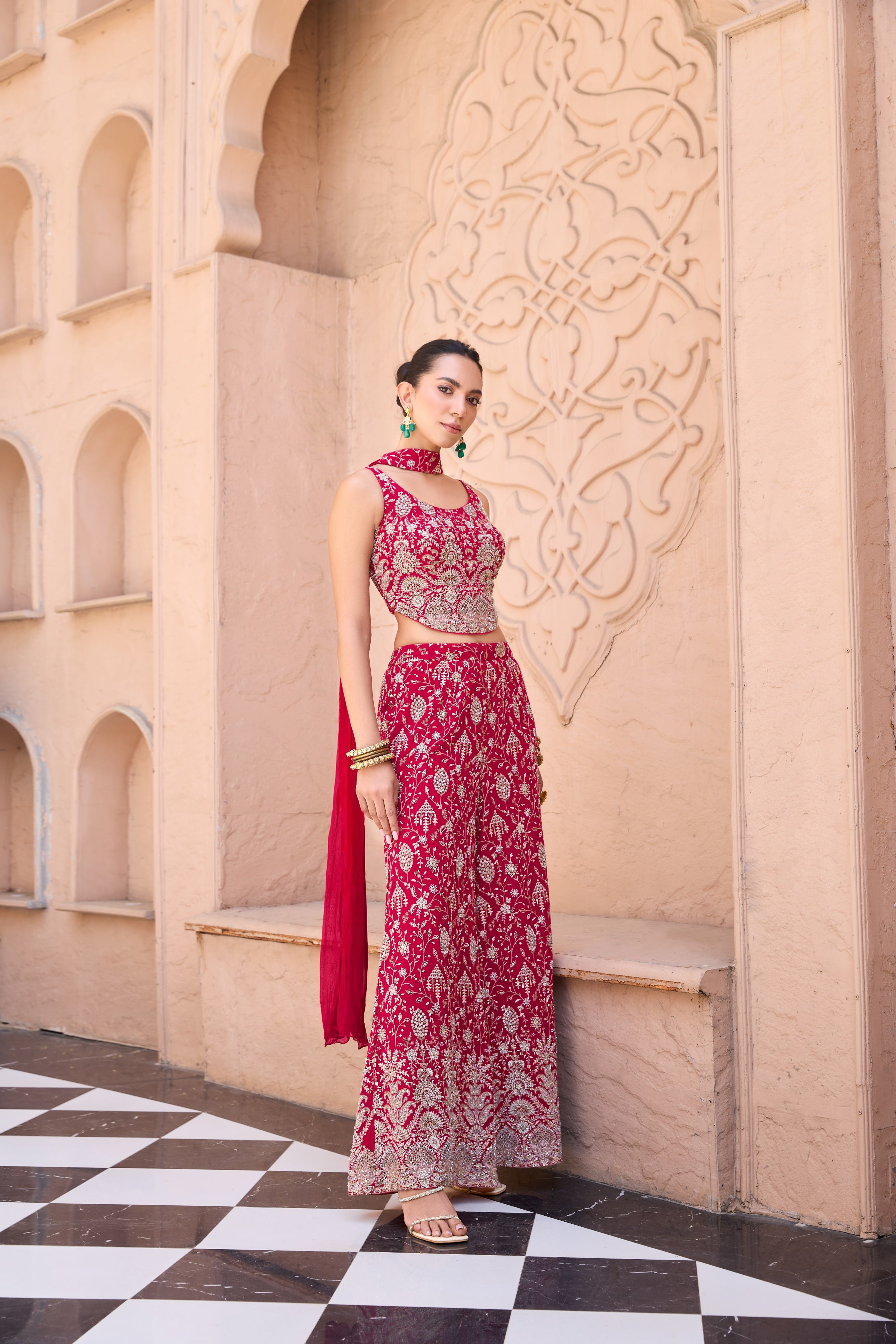Crimson Georgette Sharara Set