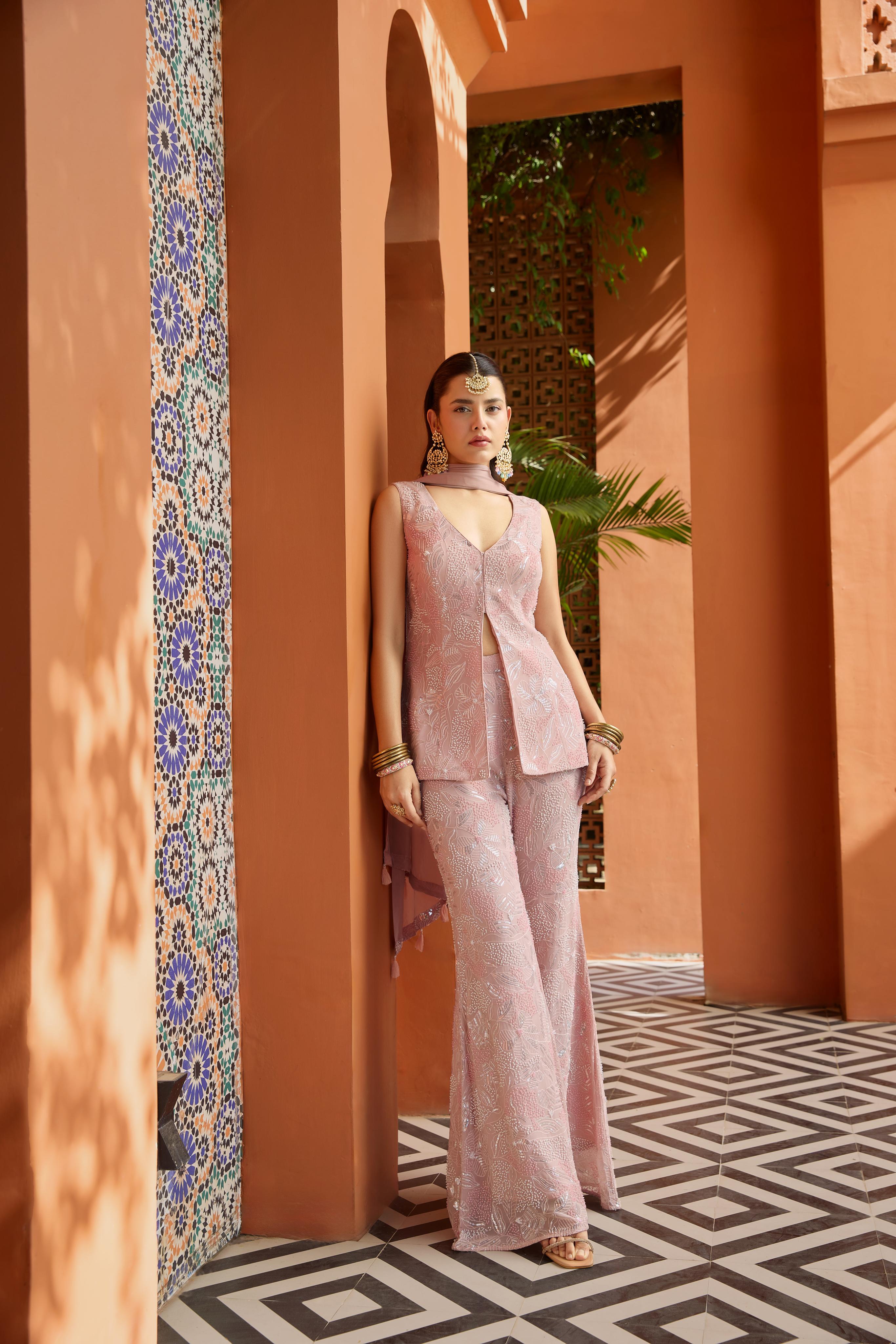 Dusty Rose Embroidered Palazzo Set