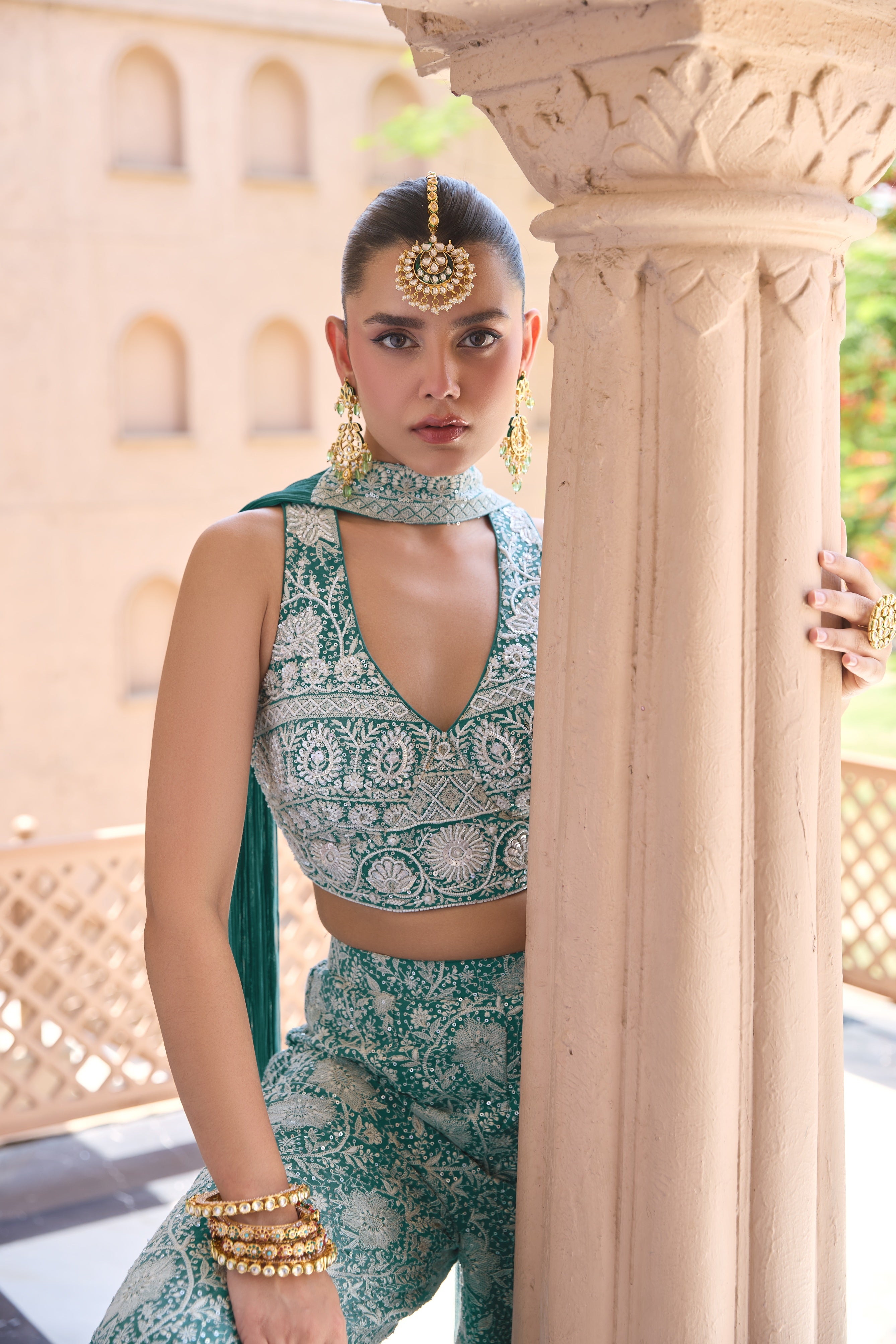 Teal Green Embroidered Palazzo Set