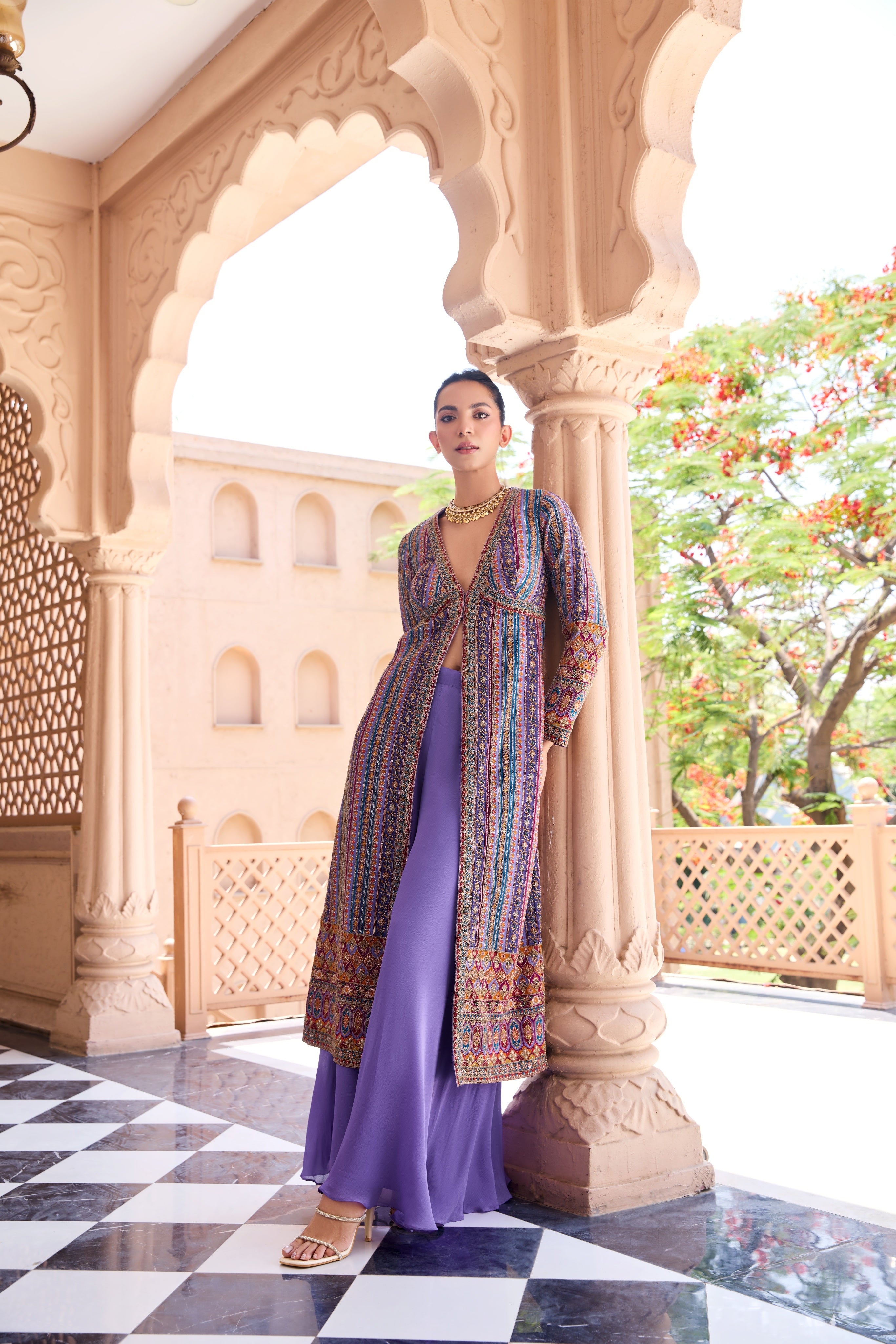 Lavender Multicolor Embroidered Palazzo Set