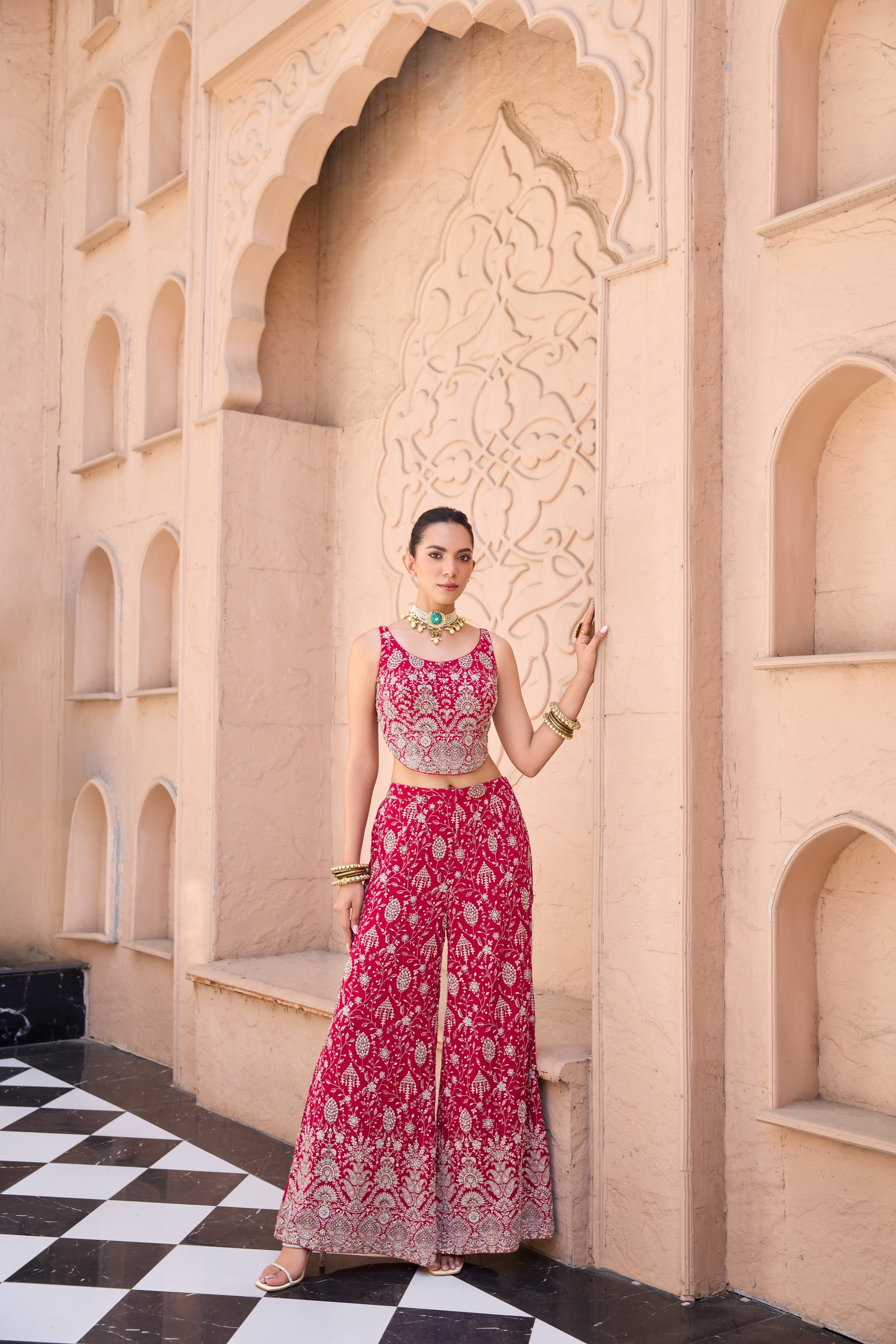 Crimson Georgette Sharara Set