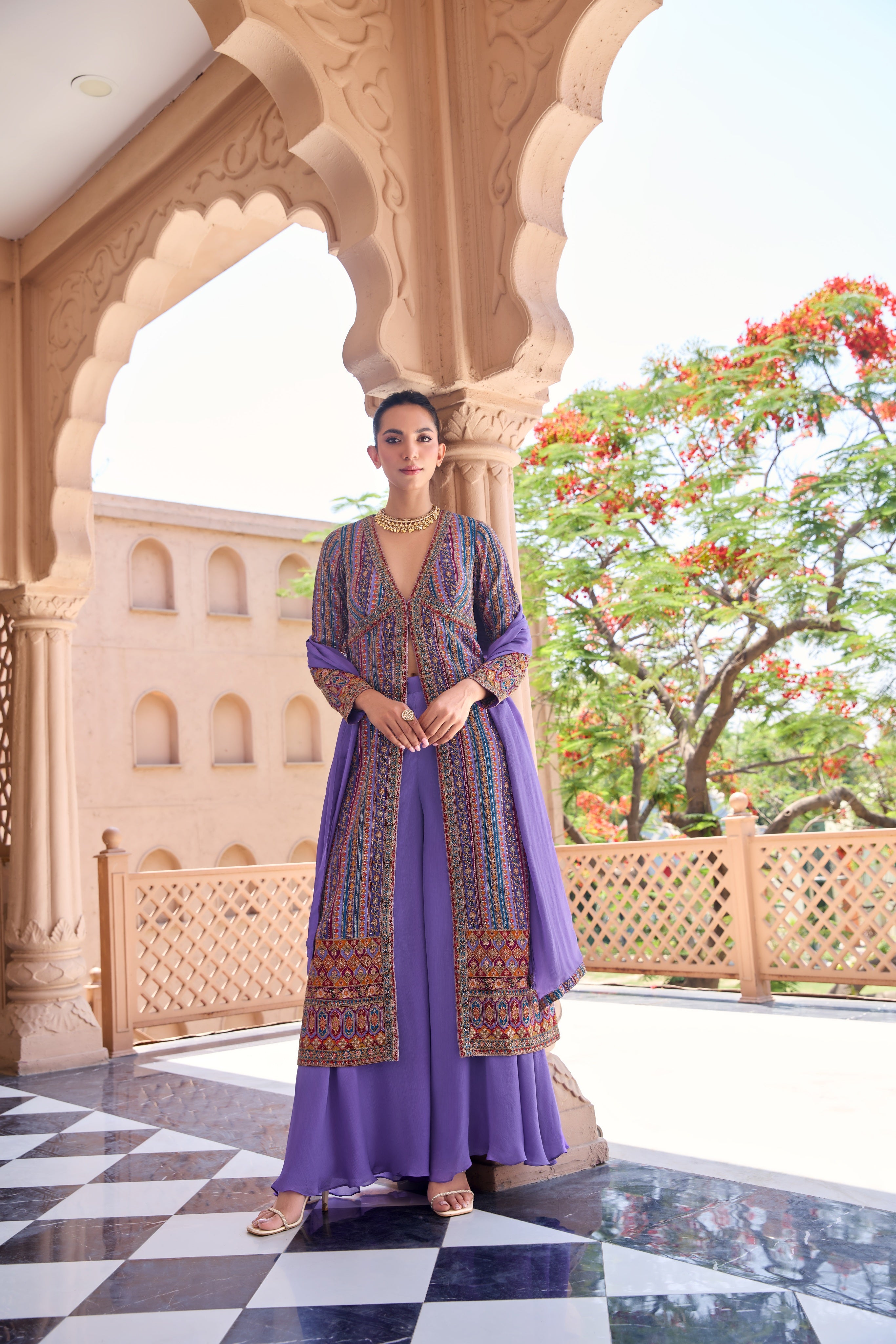 Lavender Multicolor Embroidered Palazzo Set