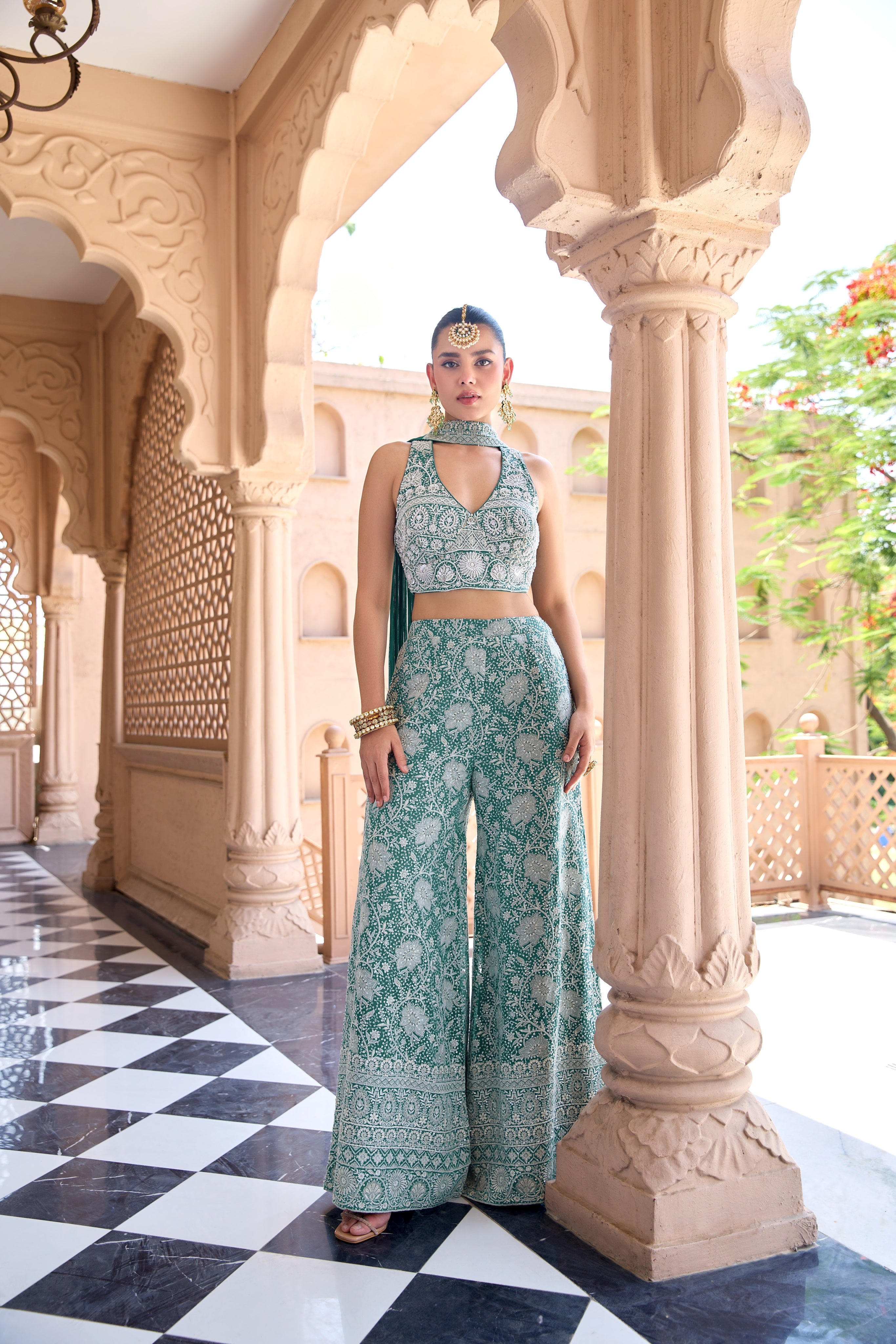 Teal Green Embroidered Palazzo Set