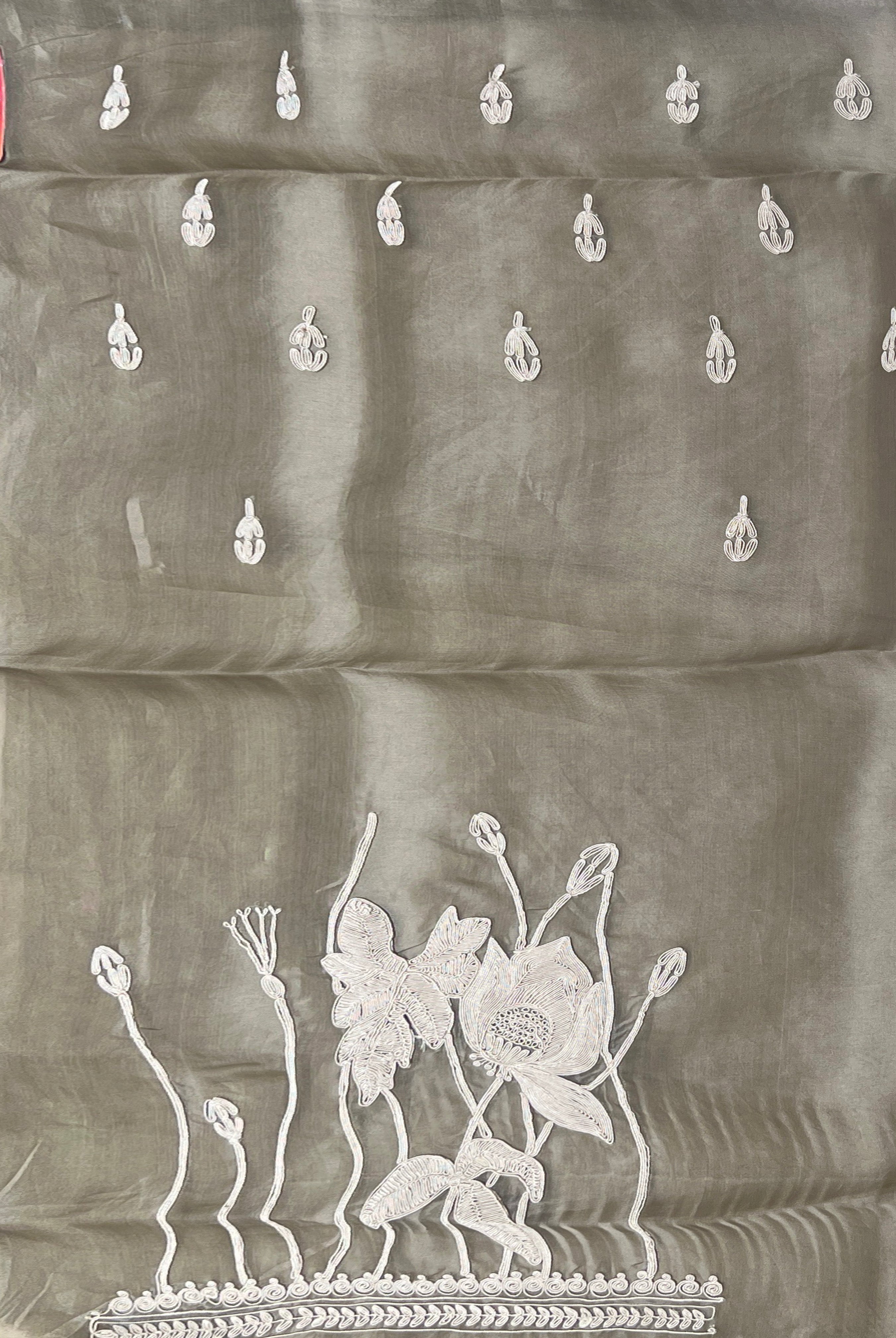 Dusty Brown Embroidered Organza Saree - Mokshaa