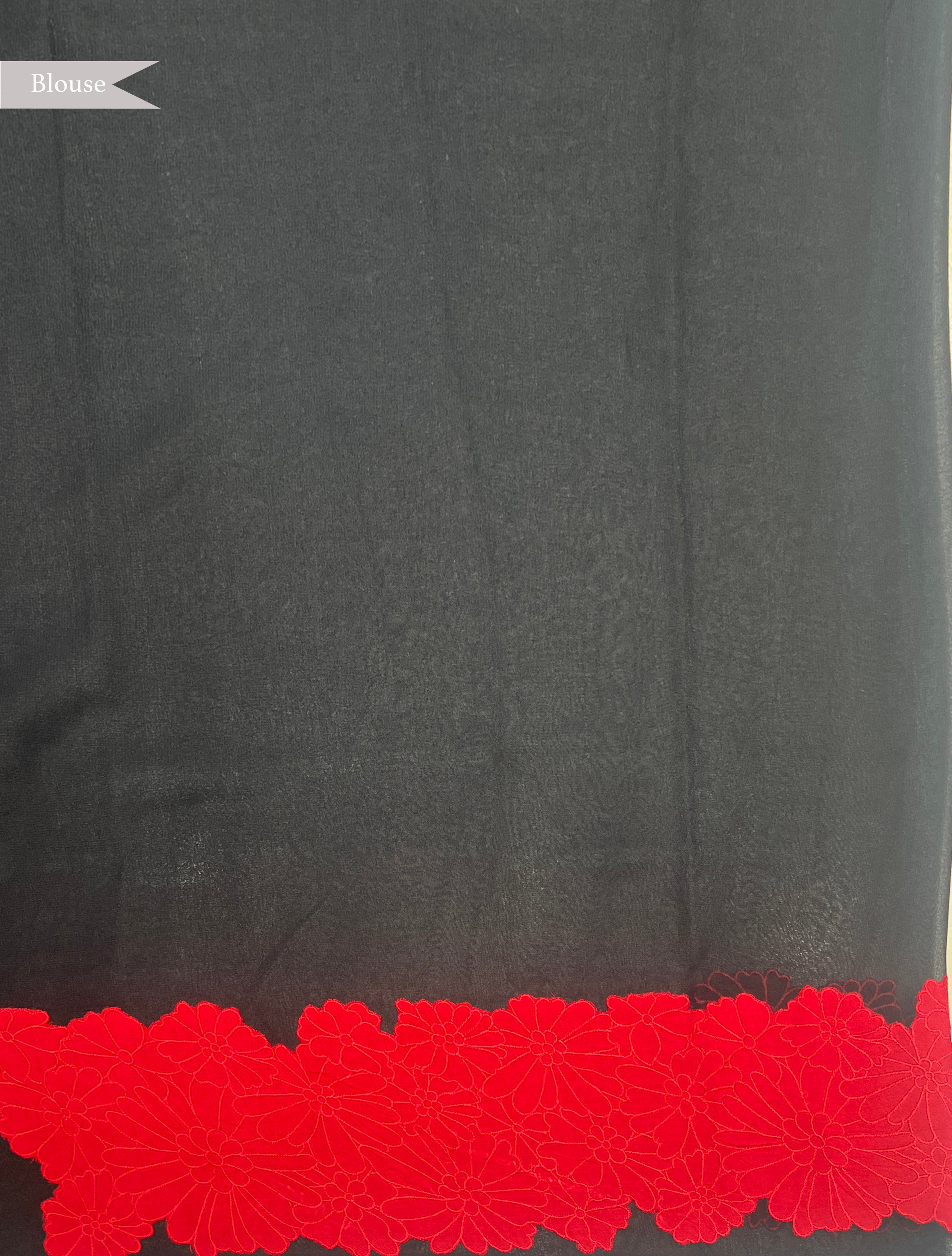 Black Georgette Saree with Red Polka Dot Print and Applique Border - Mokshaa