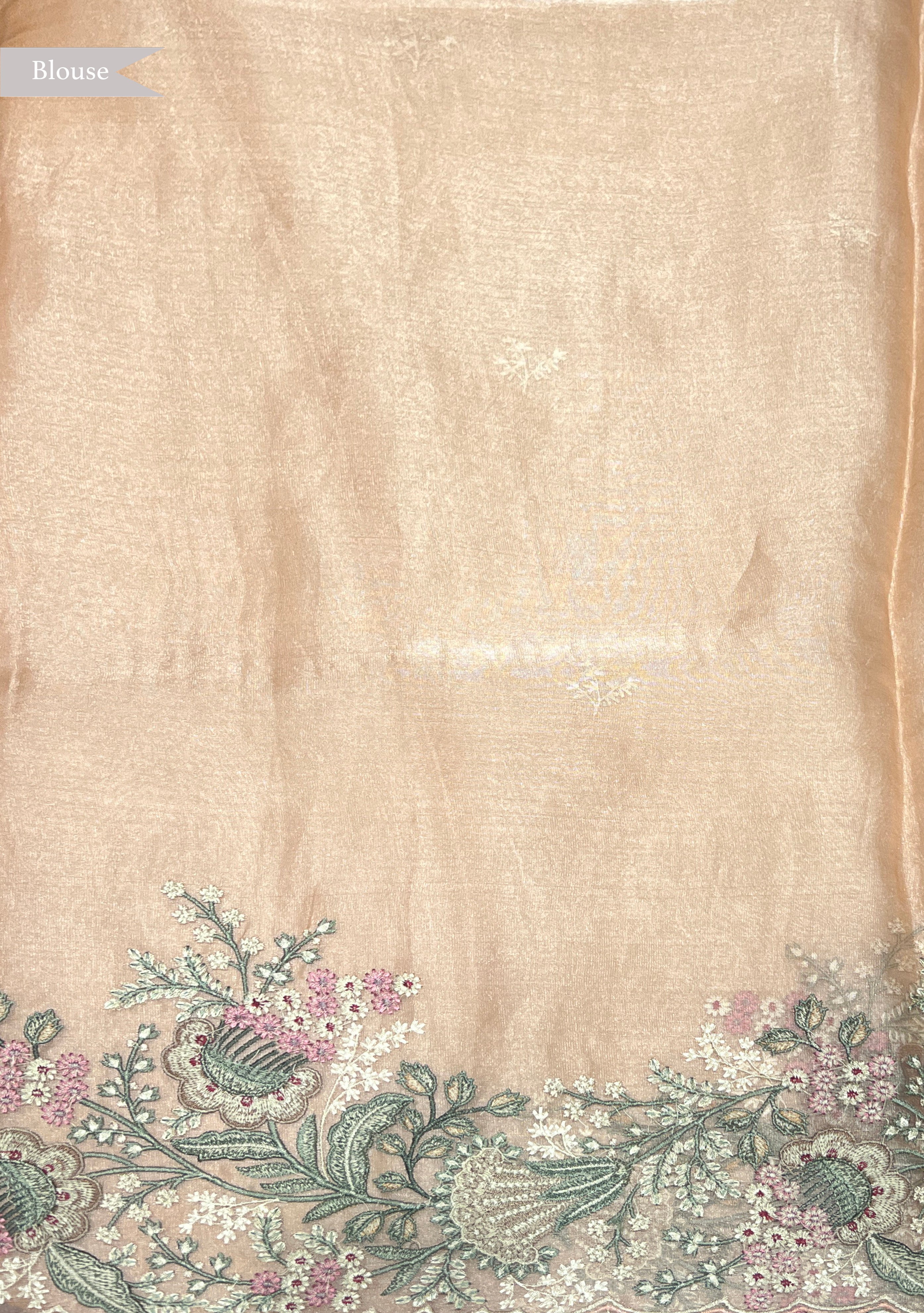 Peach Tissue Kora Saree with Floral Thread Embroidery