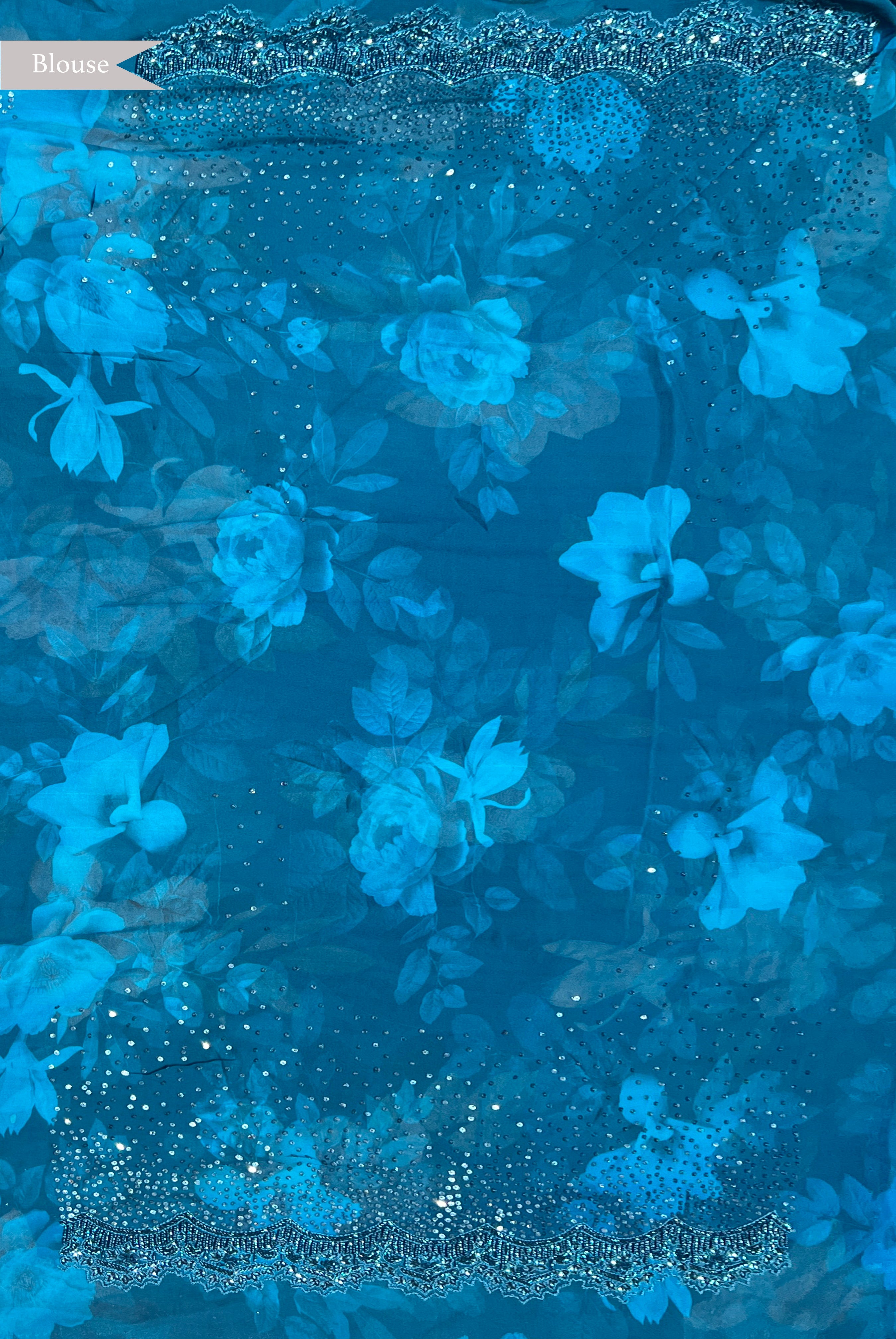 Blue Georgette Saree with Floral Print and Sequin Border - Mokshaa