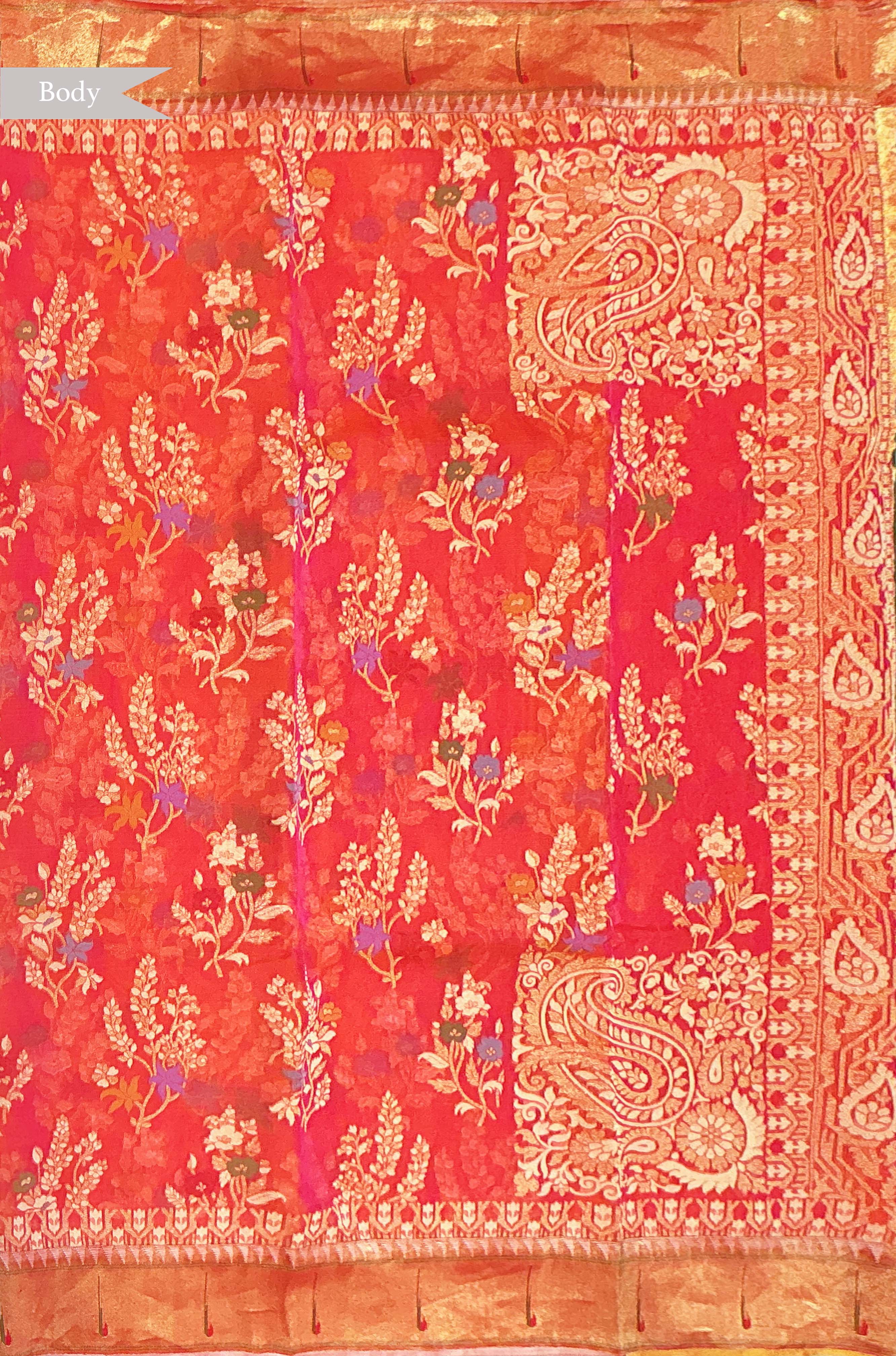 Coral Pink Kora Jamdani Saree with Paithani Border
