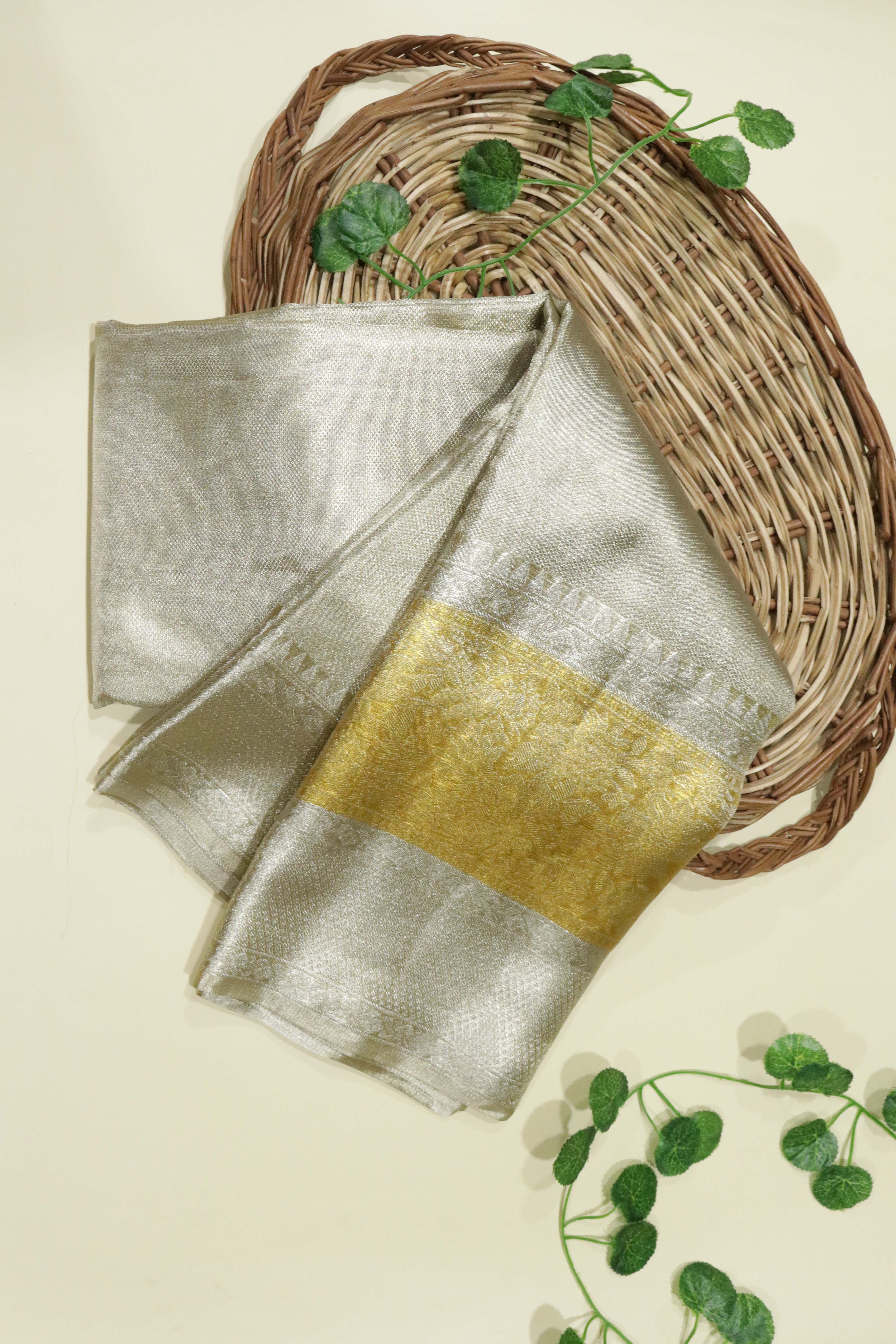 Silver Kanchipuram Tissue Silk Saree with Gold Border