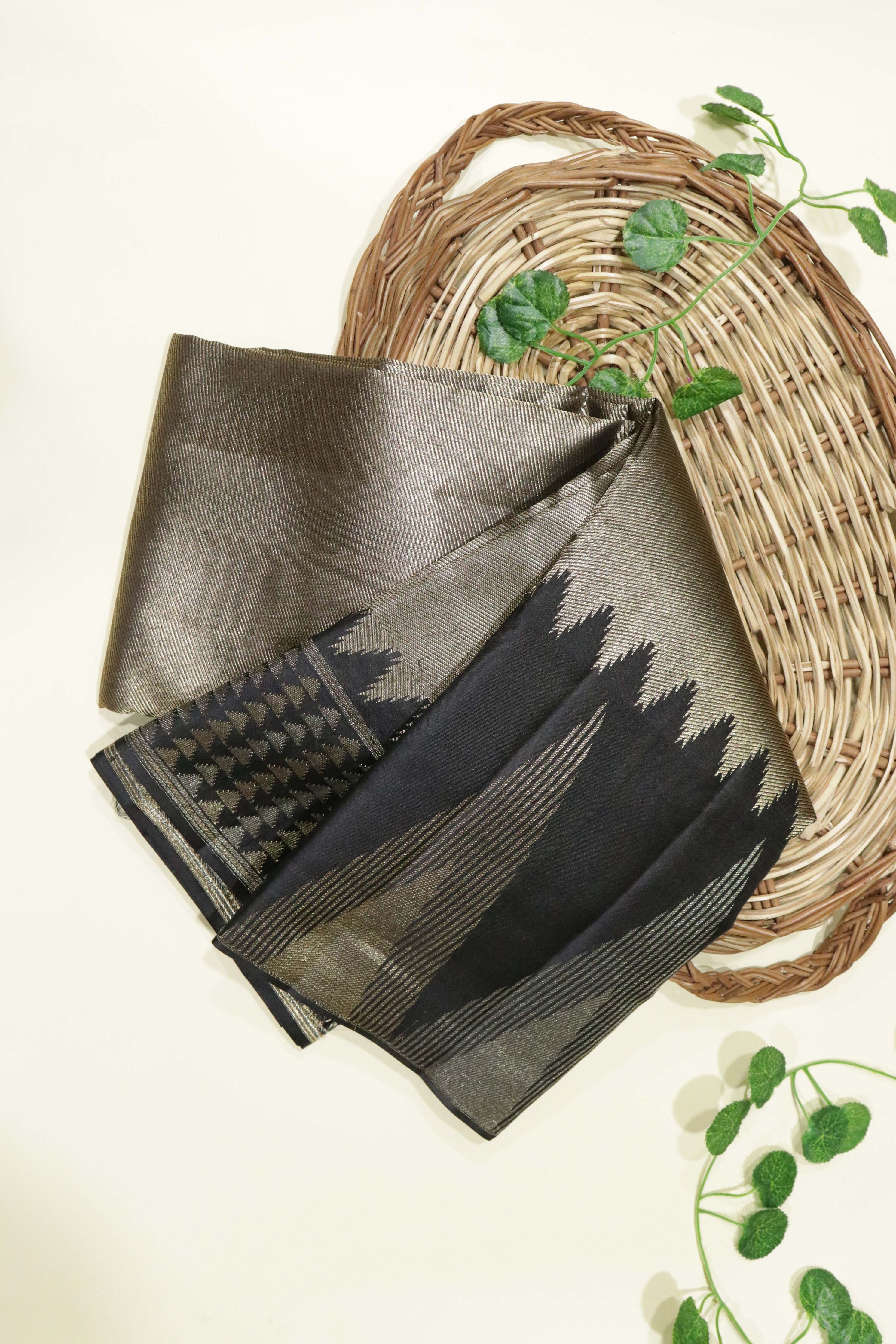 Gold and Black Tissue Kanchipuram Silk Saree with Temple Border - Mokshaa