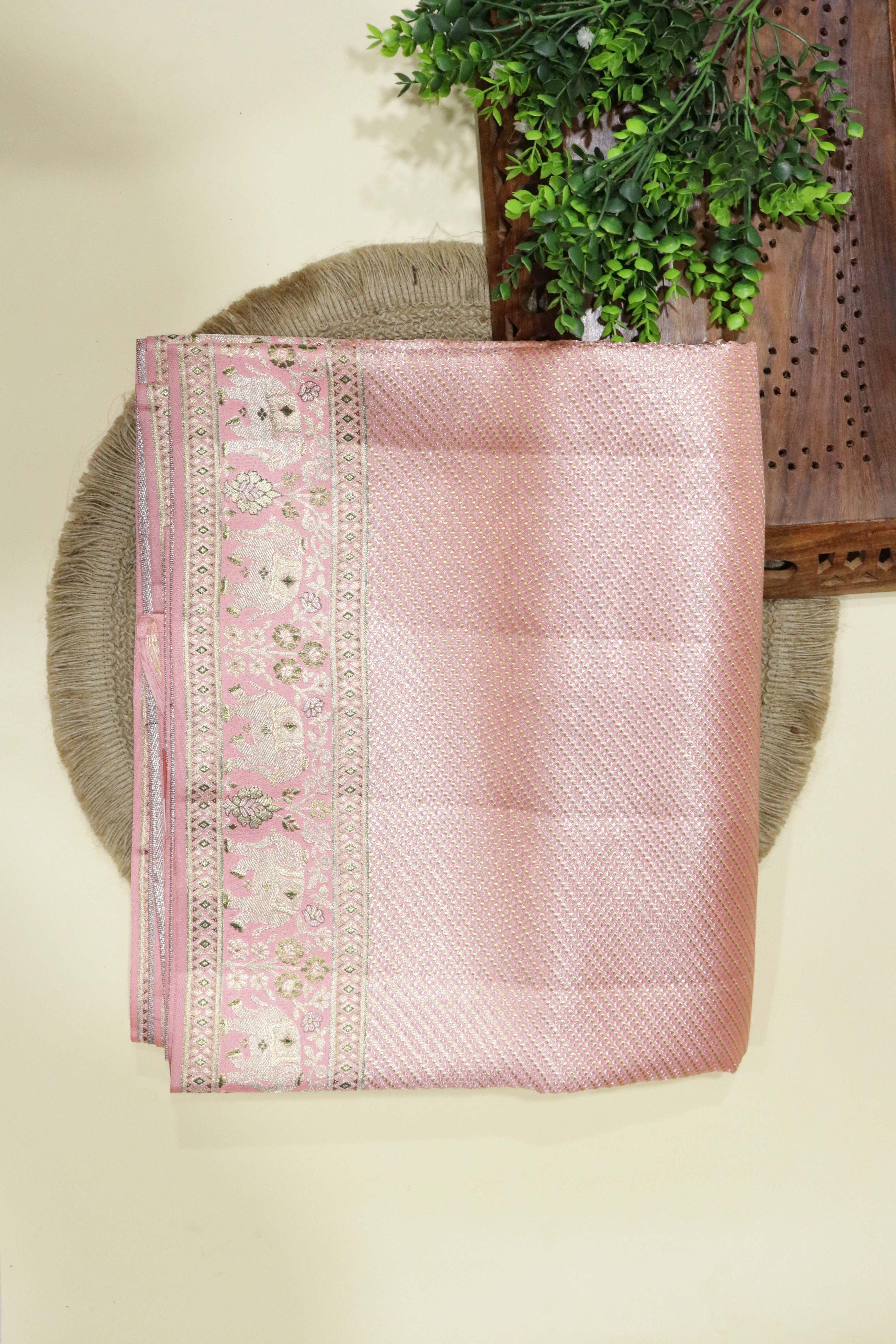 Peach Kanchipuram Tissue Silk Saree with Figure Border - Mokshaa