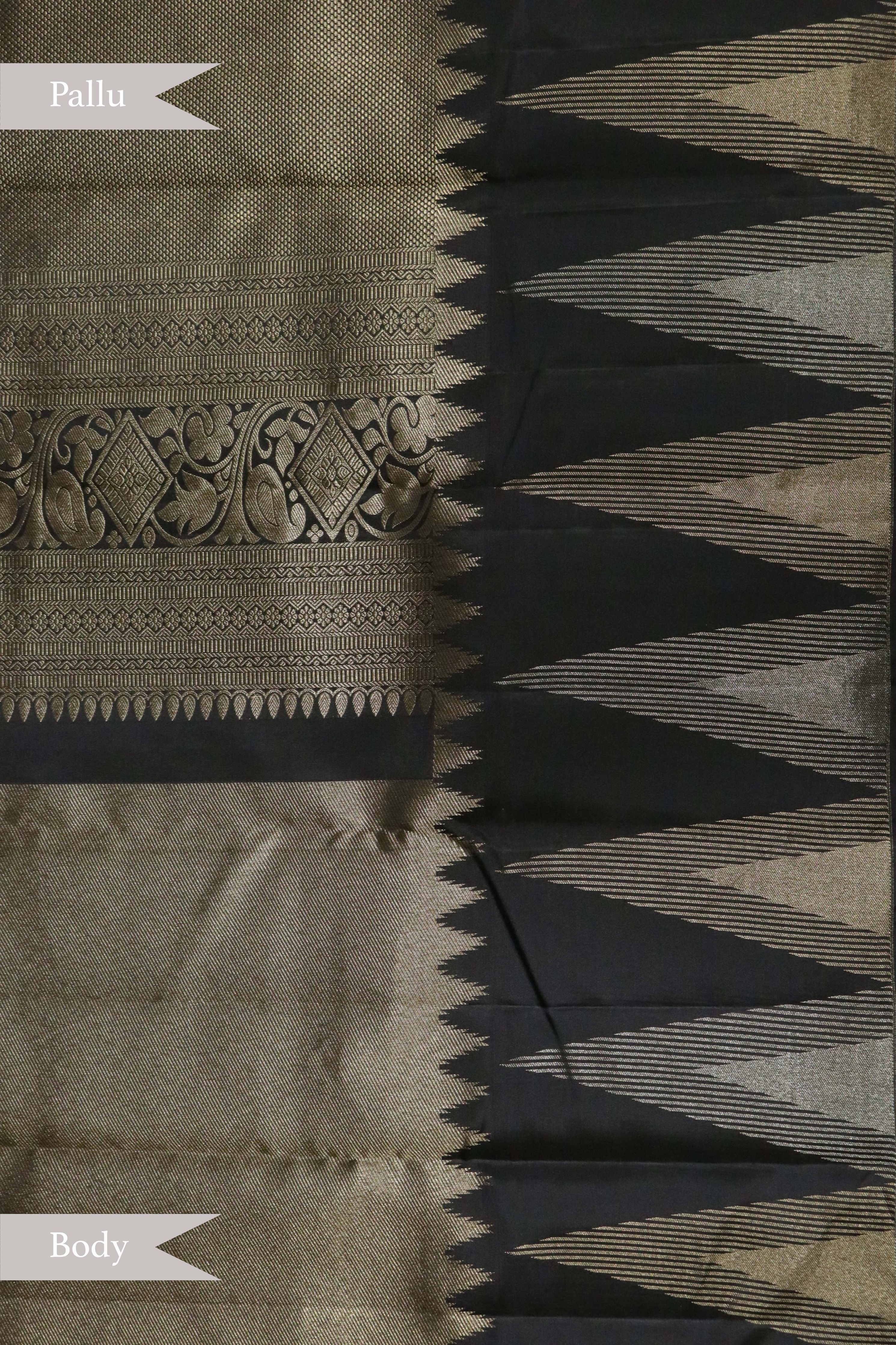 Gold and Black Tissue Kanchipuram Silk Saree with Temple Border - Mokshaa