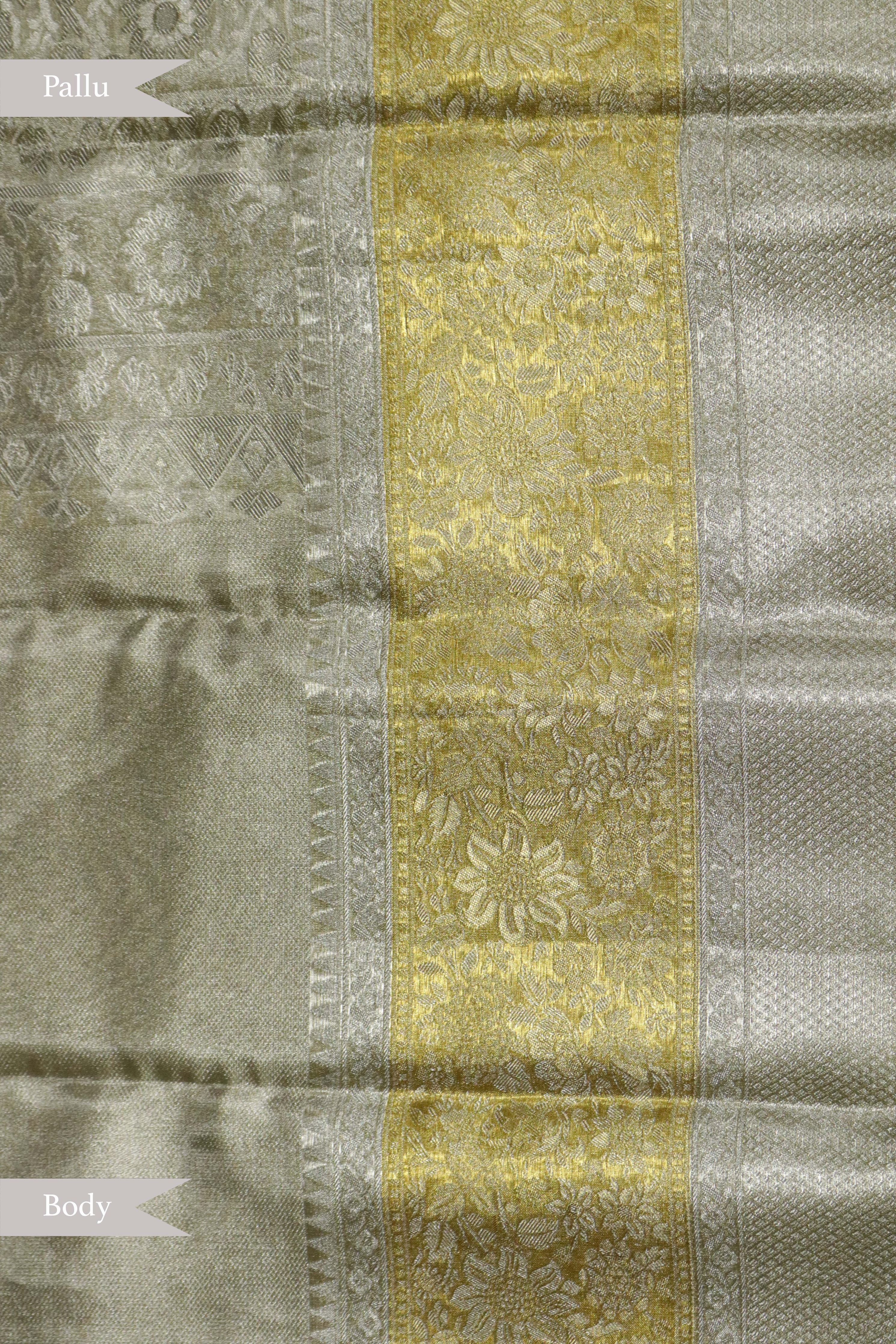 Silver Kanchipuram Tissue Silk Saree with Gold Border - Mokshaa