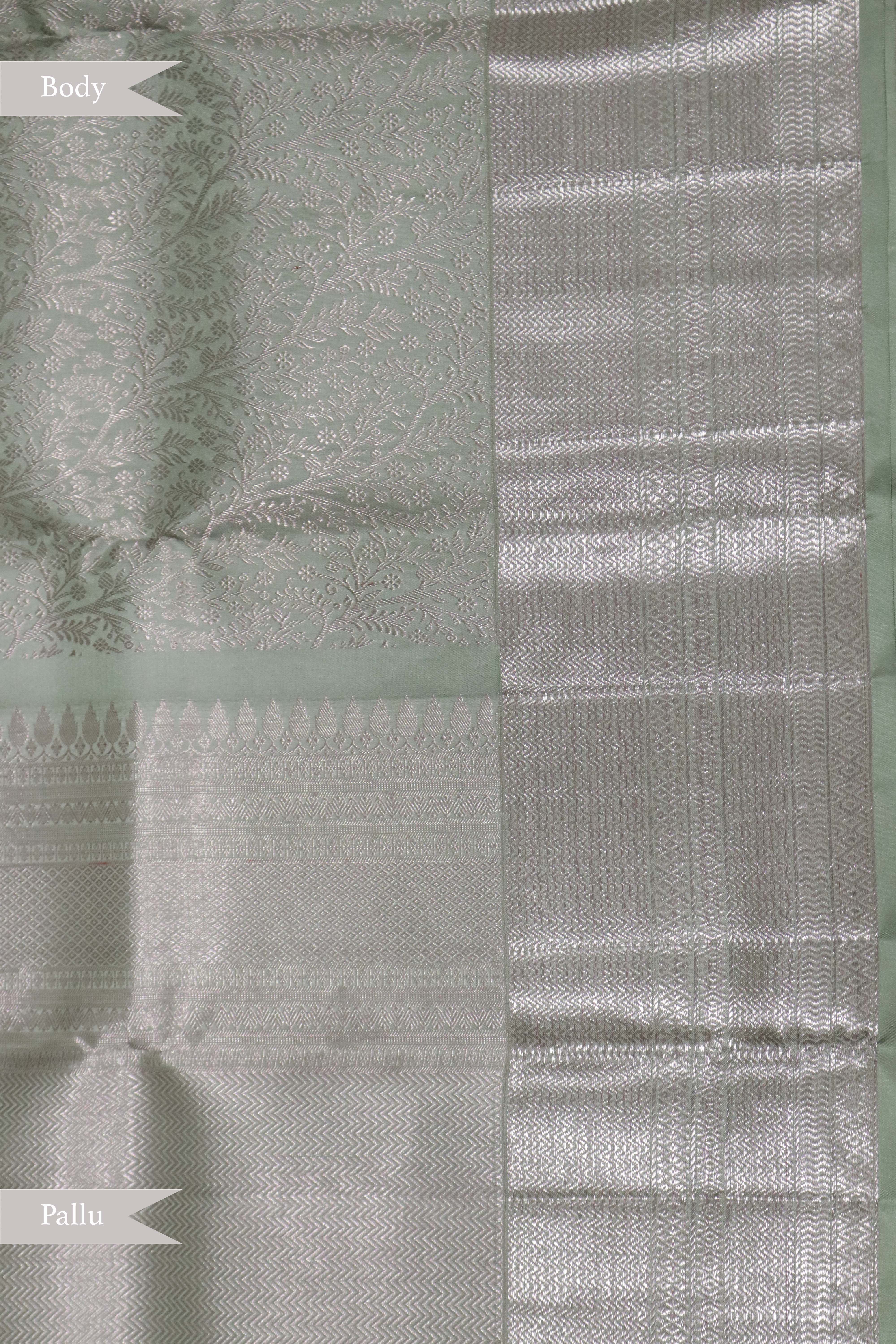 Pastel Green Kanchipuram Silk Saree with Rose Gold Zari