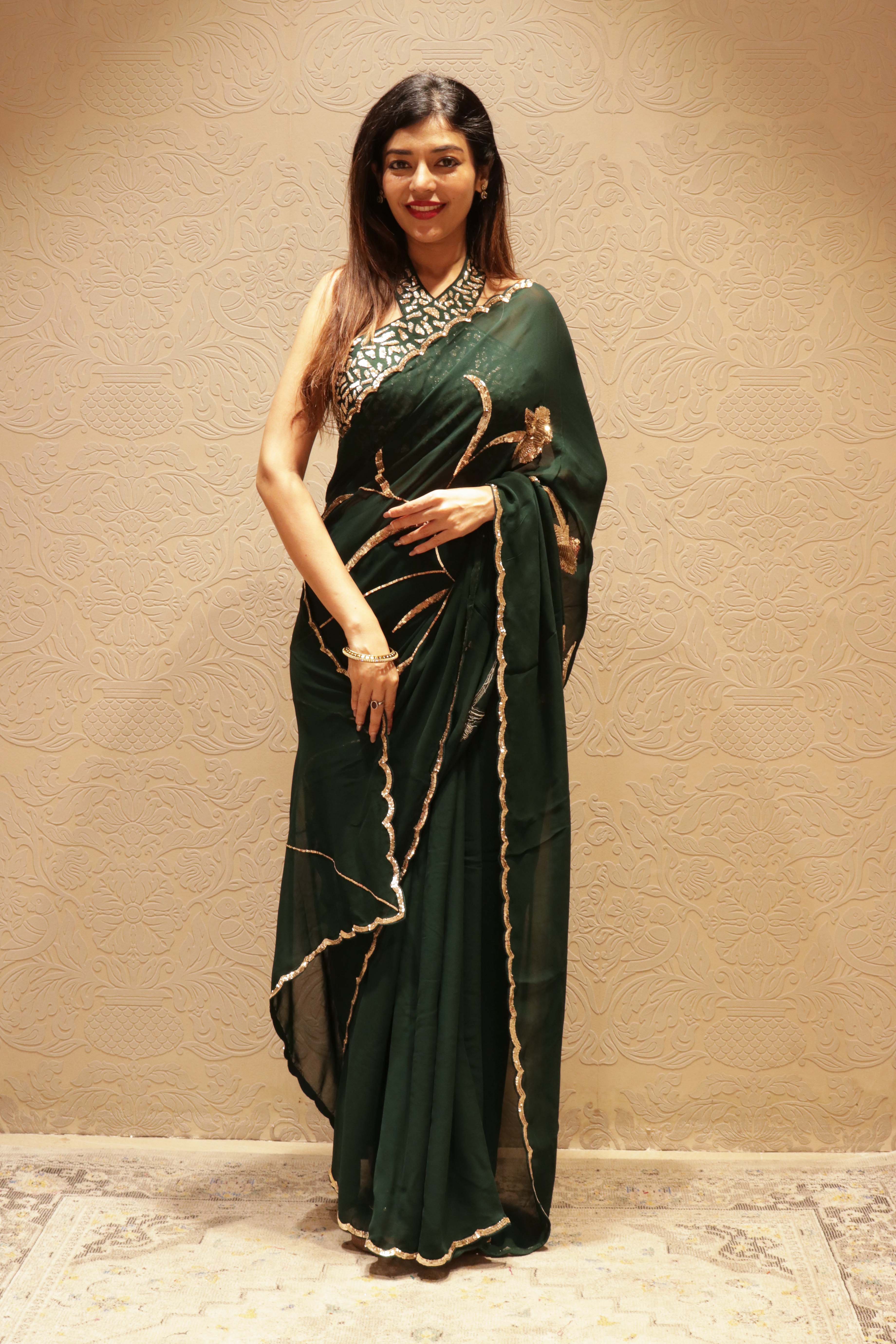 Bottle Green Georgette Sequin Saree