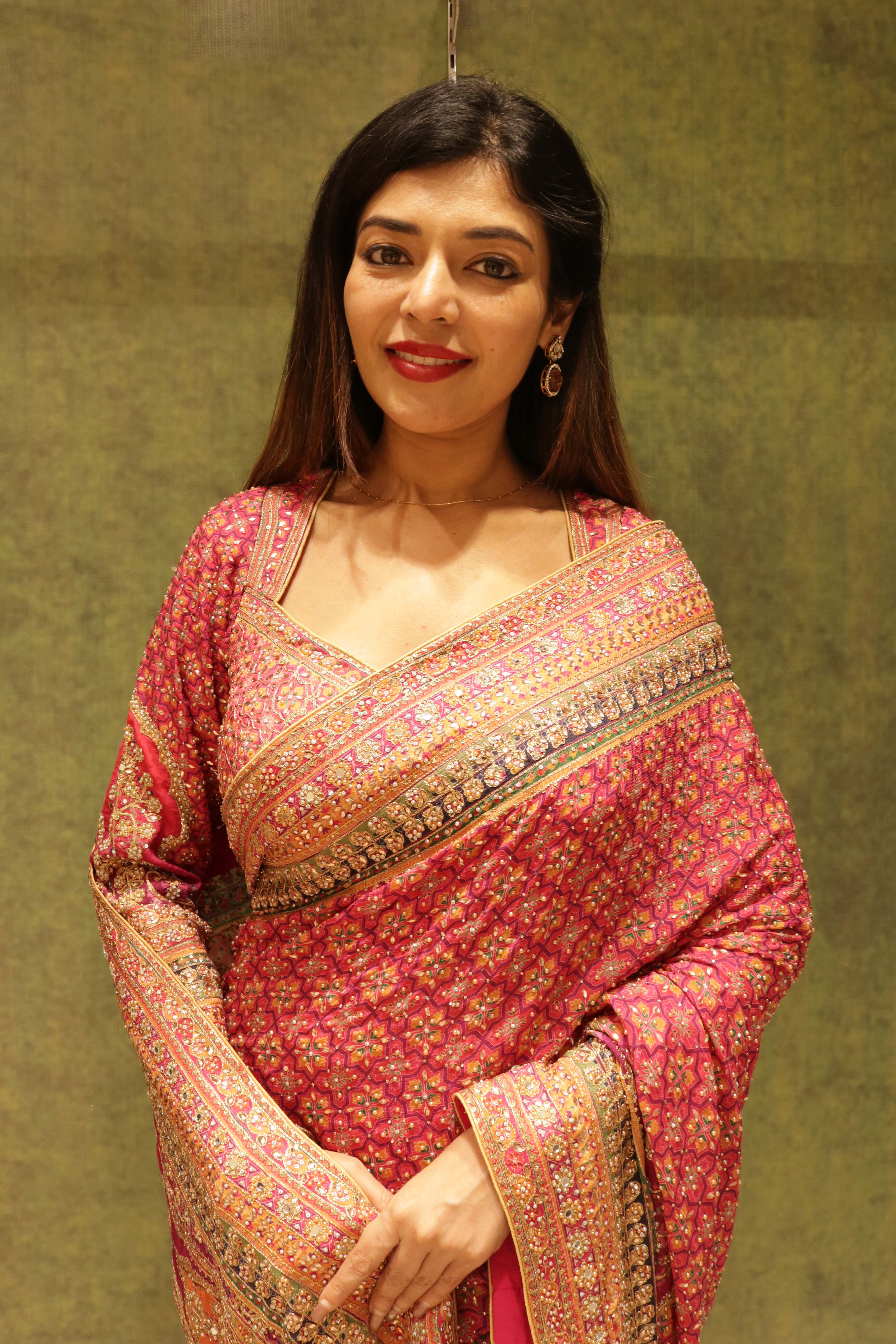 Pink Georgette Printed Saree with Sequins & Pearl Embellishment - Mokshaa