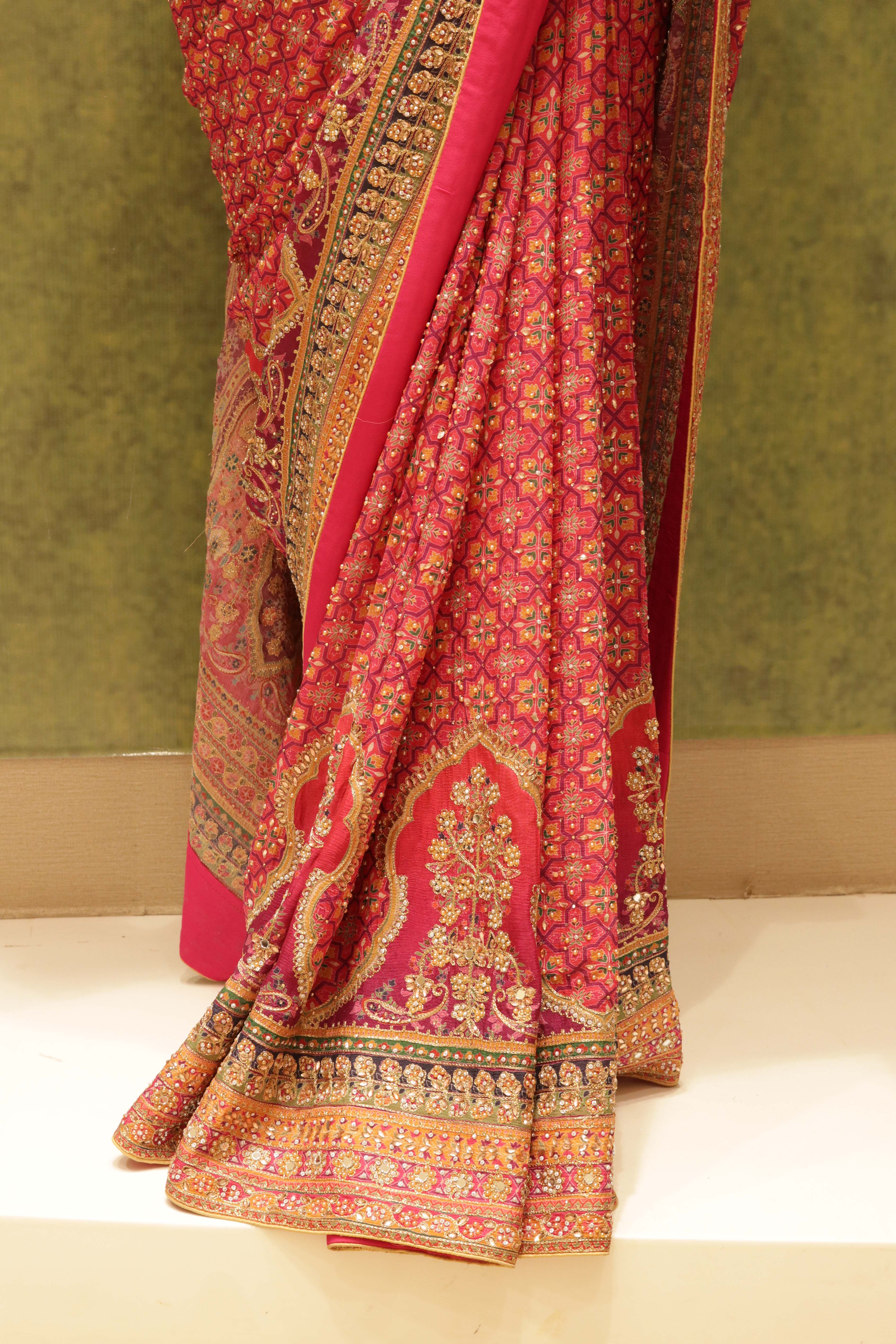 Pink Georgette Printed Saree with Sequins & Pearl Embellishment - Mokshaa