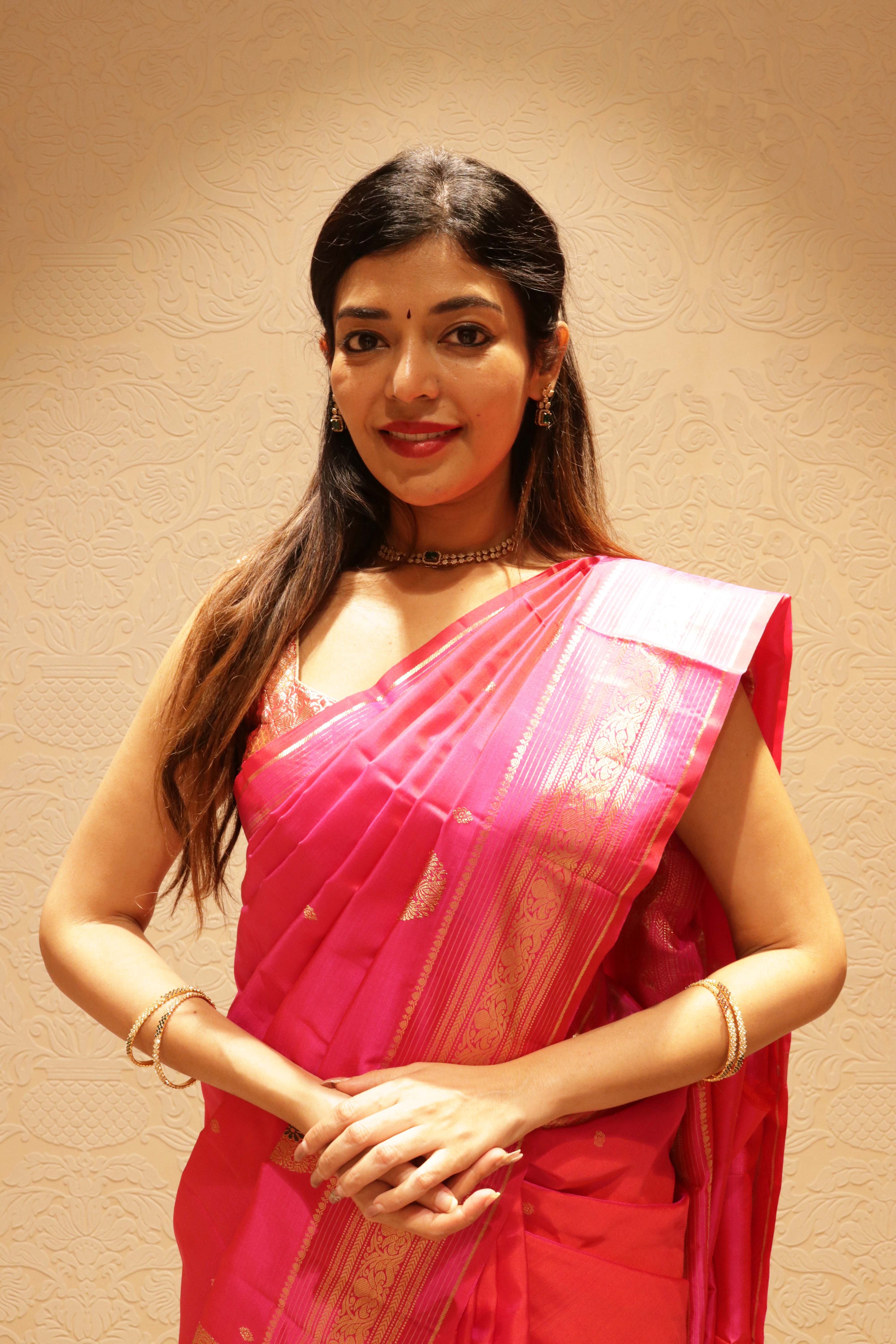 Pink Kanchipuram Silk Saree with Gold Zari Motifs - Mokshaa