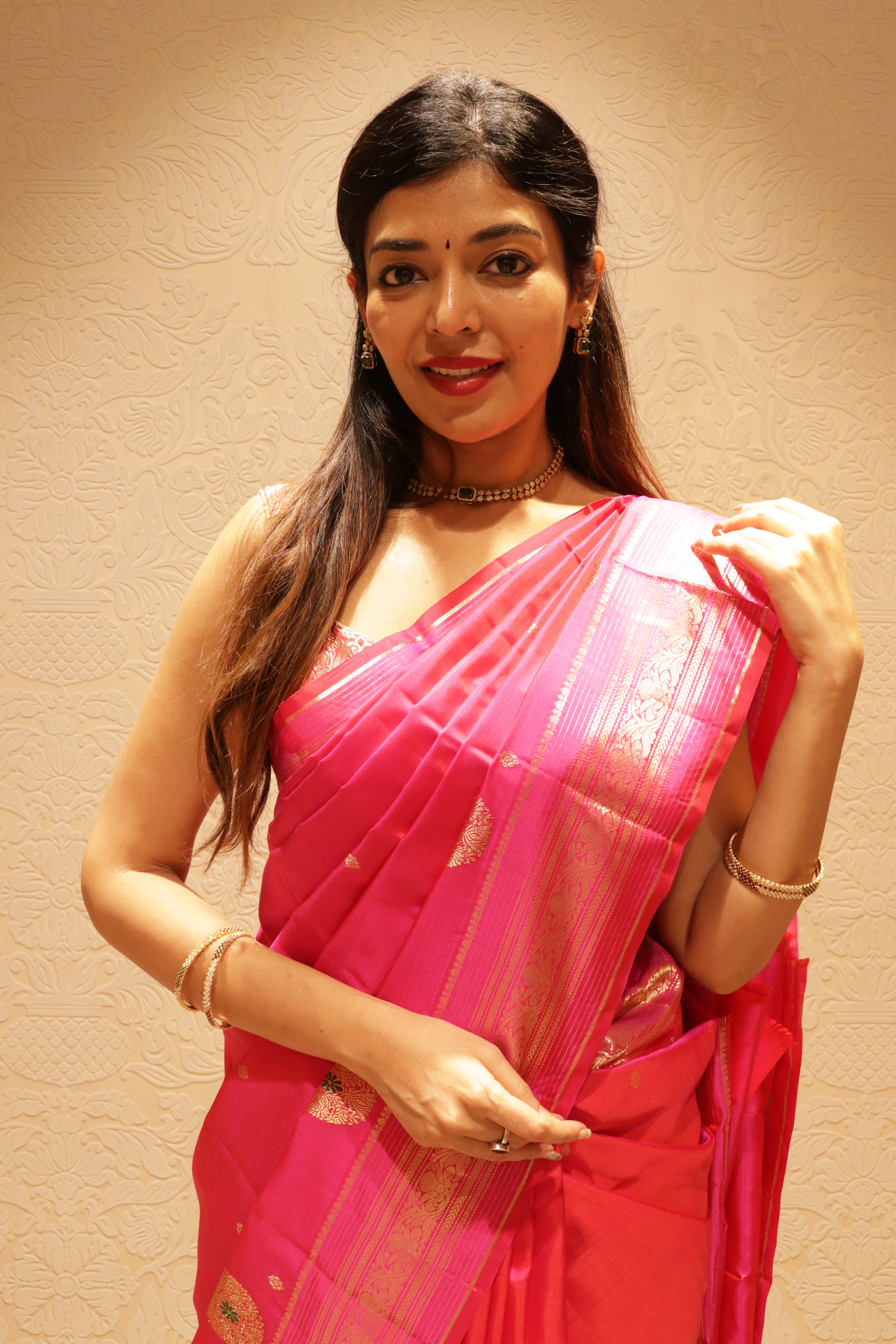Pink Kanchipuram Silk Saree with Gold Zari Motifs - Mokshaa