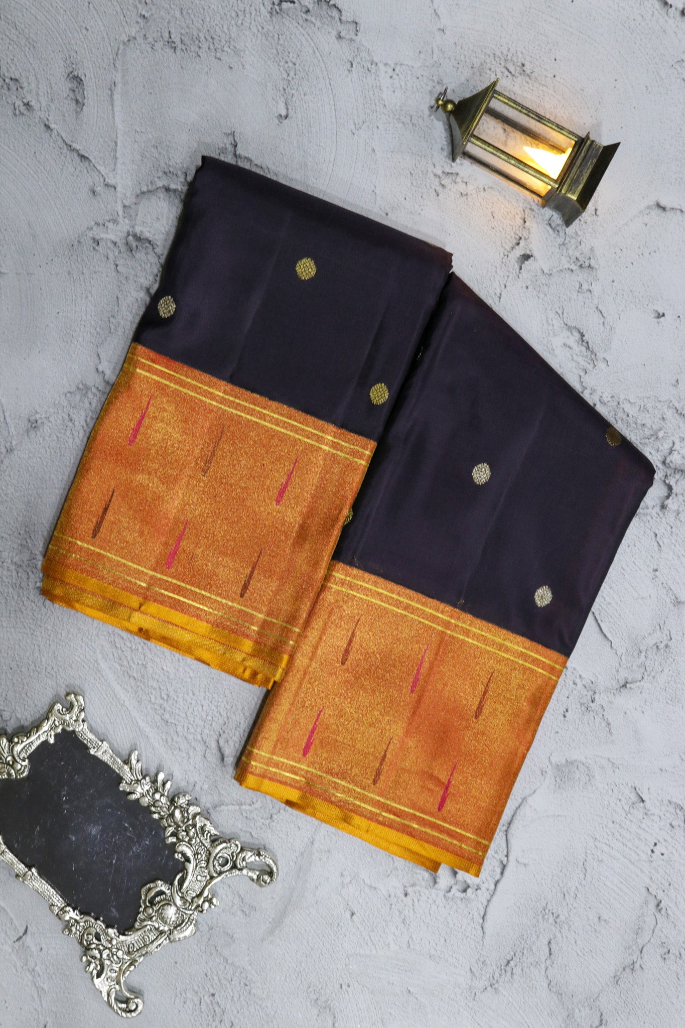 Dark Brown Kanchivaram Silk Saree with Zari Butta and Tissue Paithani Border