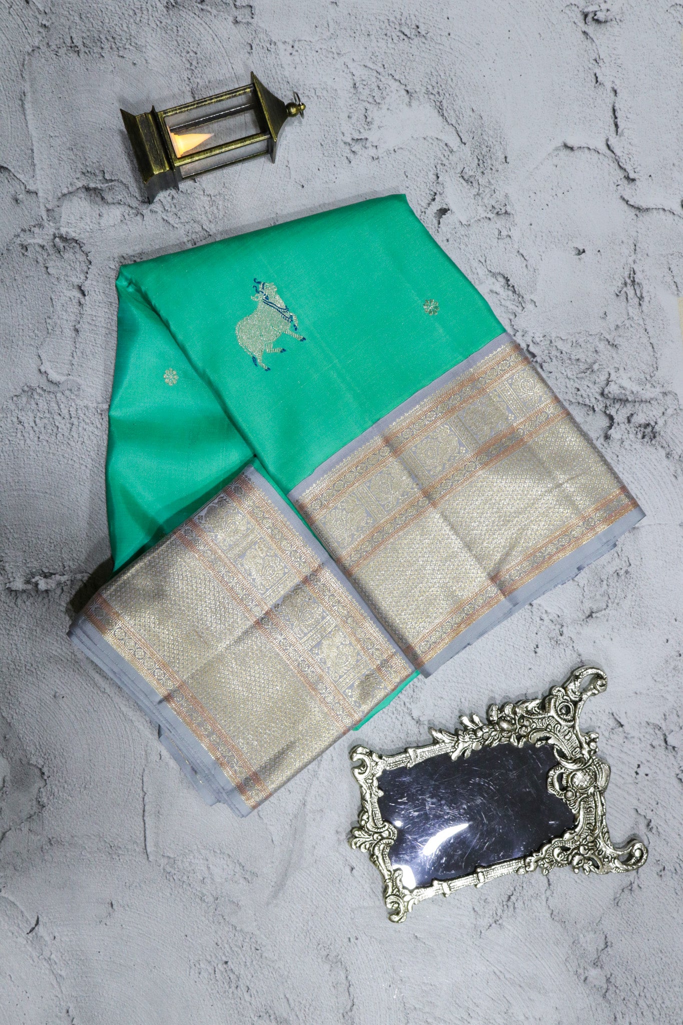 Teal Blue Kanchivaram Silk  Contrast Beige Zari Border