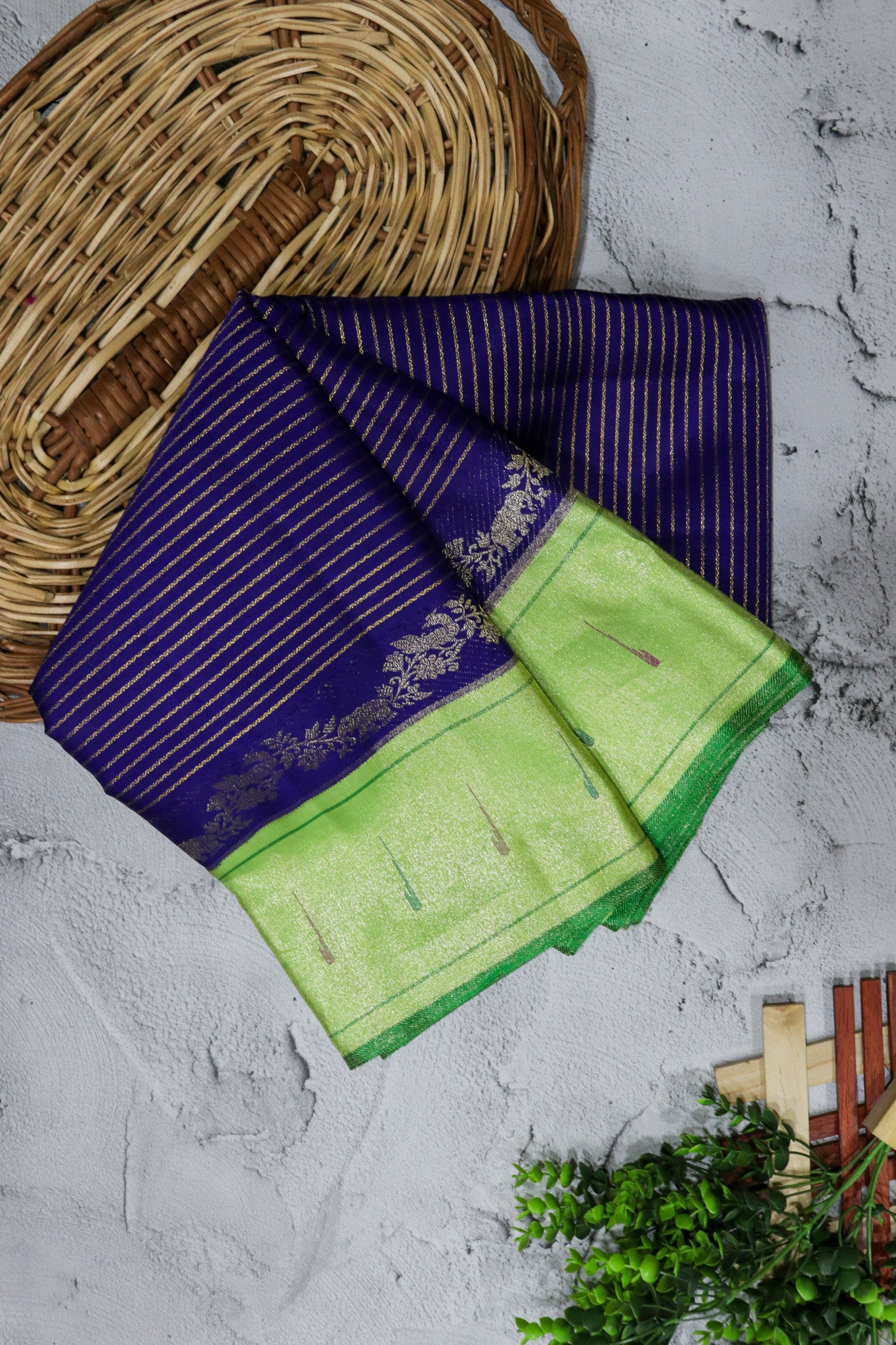 Ink Blue Kanchivaram Silk Saree and Contrast Green Single Muniya Border