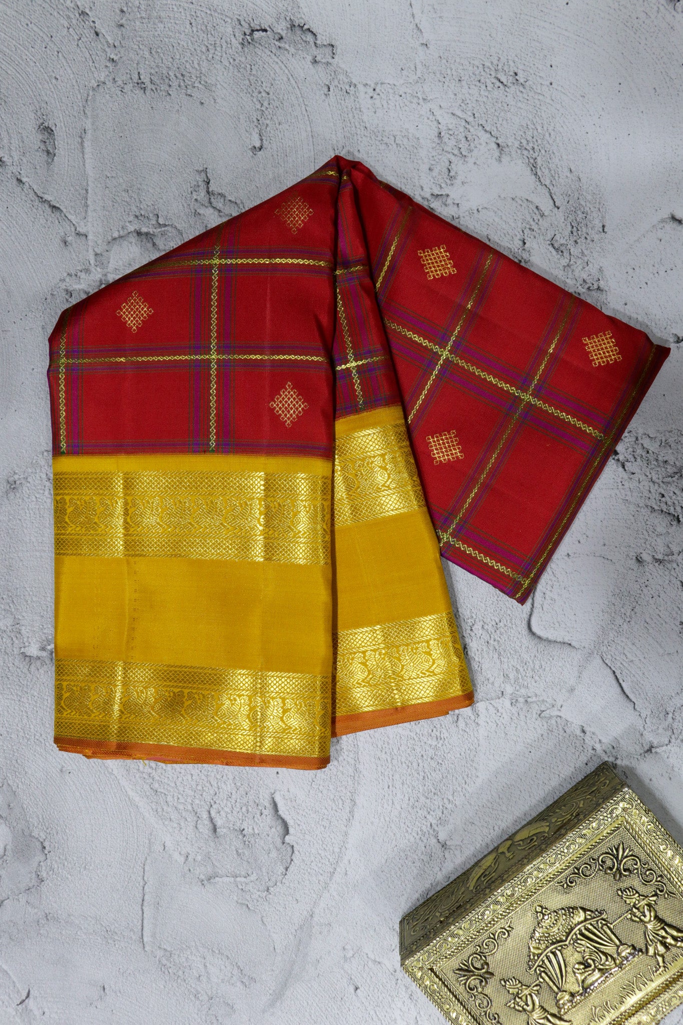 Red Kanchivaram Silk Saree with Zari Checks, Gold Motifs and Contrast Yellow Border
