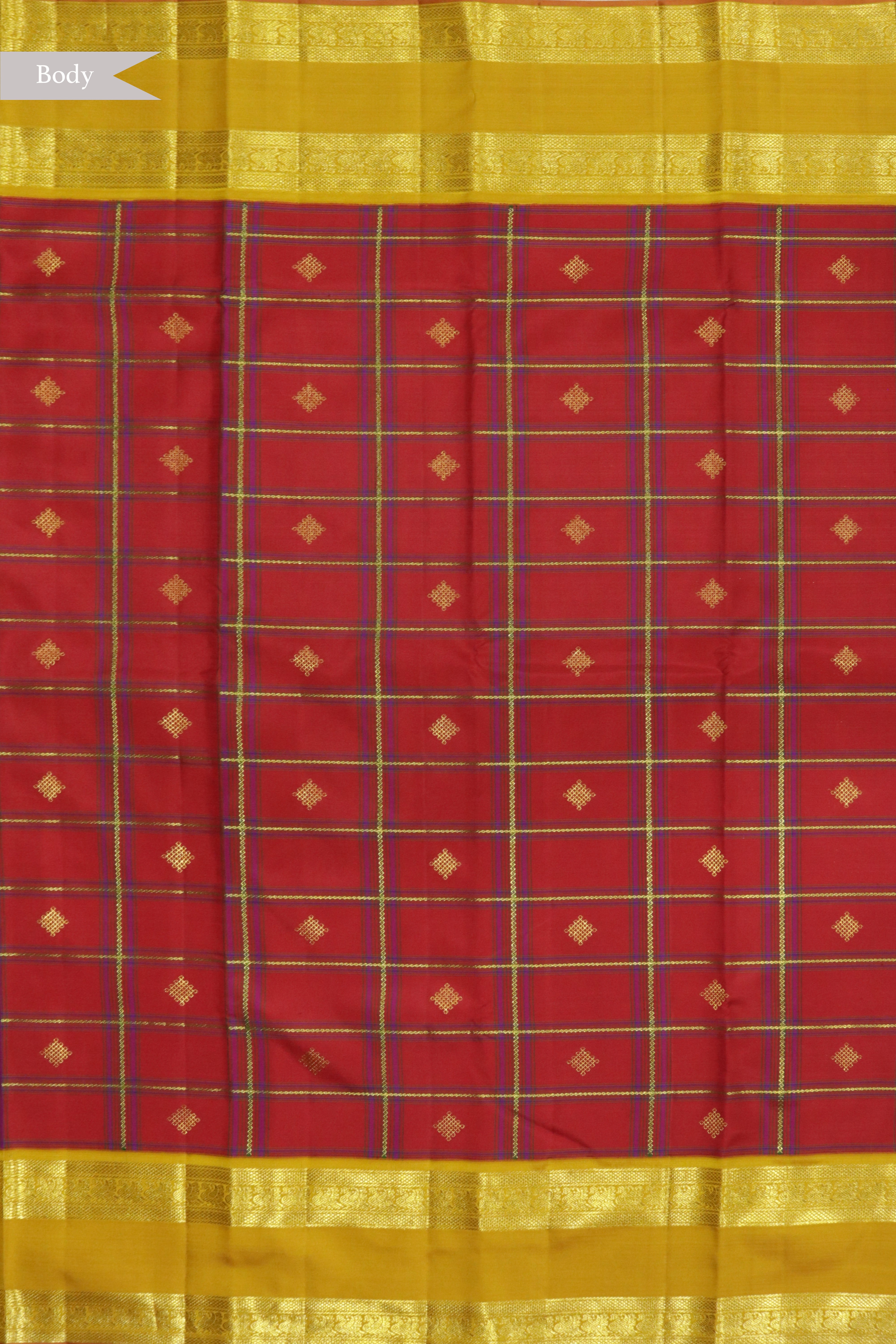 Red Kanchivaram Silk Saree with Zari Checks, Gold Motifs and Contrast Yellow Border