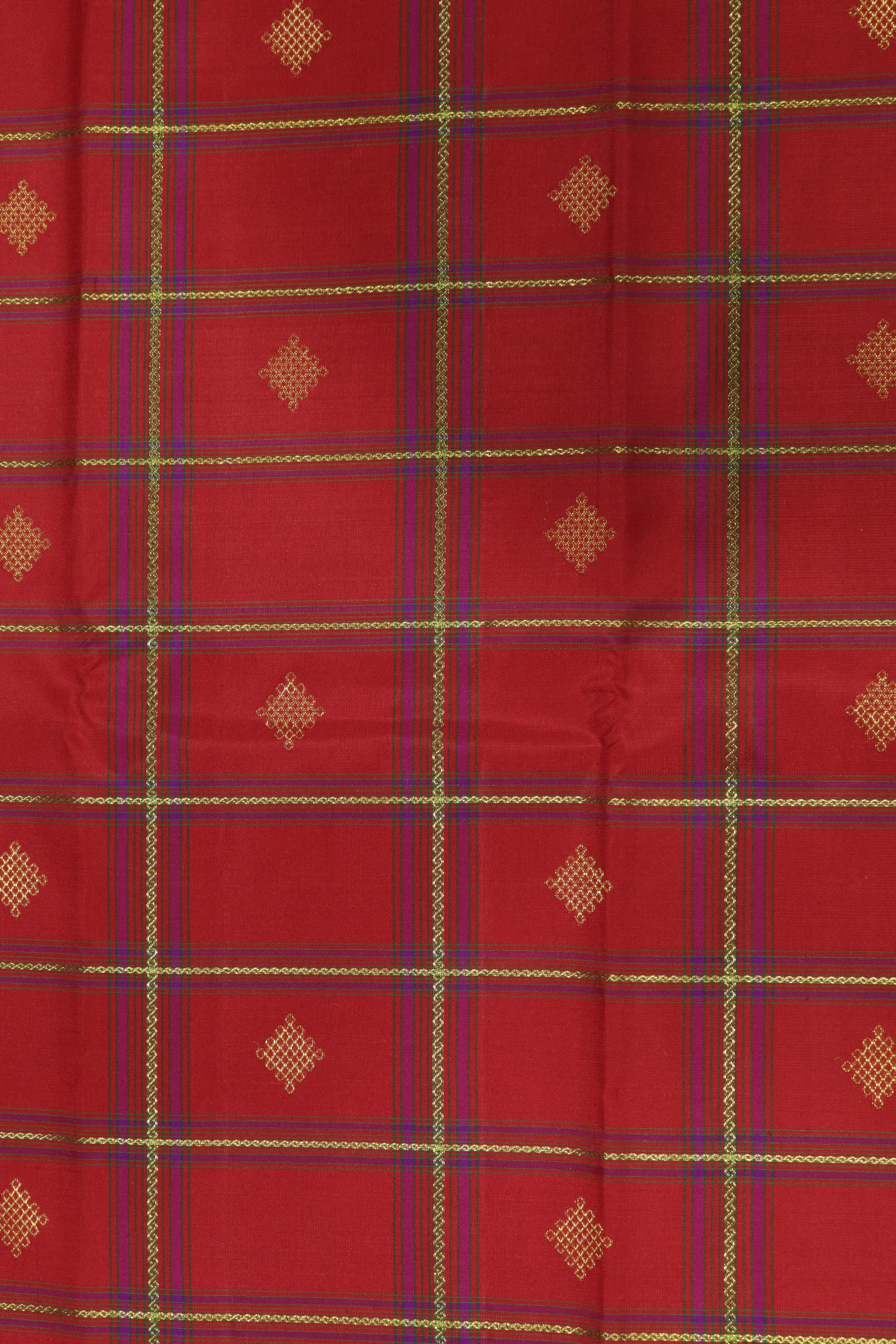 Red Kanchivaram Silk Saree with Zari Checks, Gold Motifs and Contrast Yellow Border