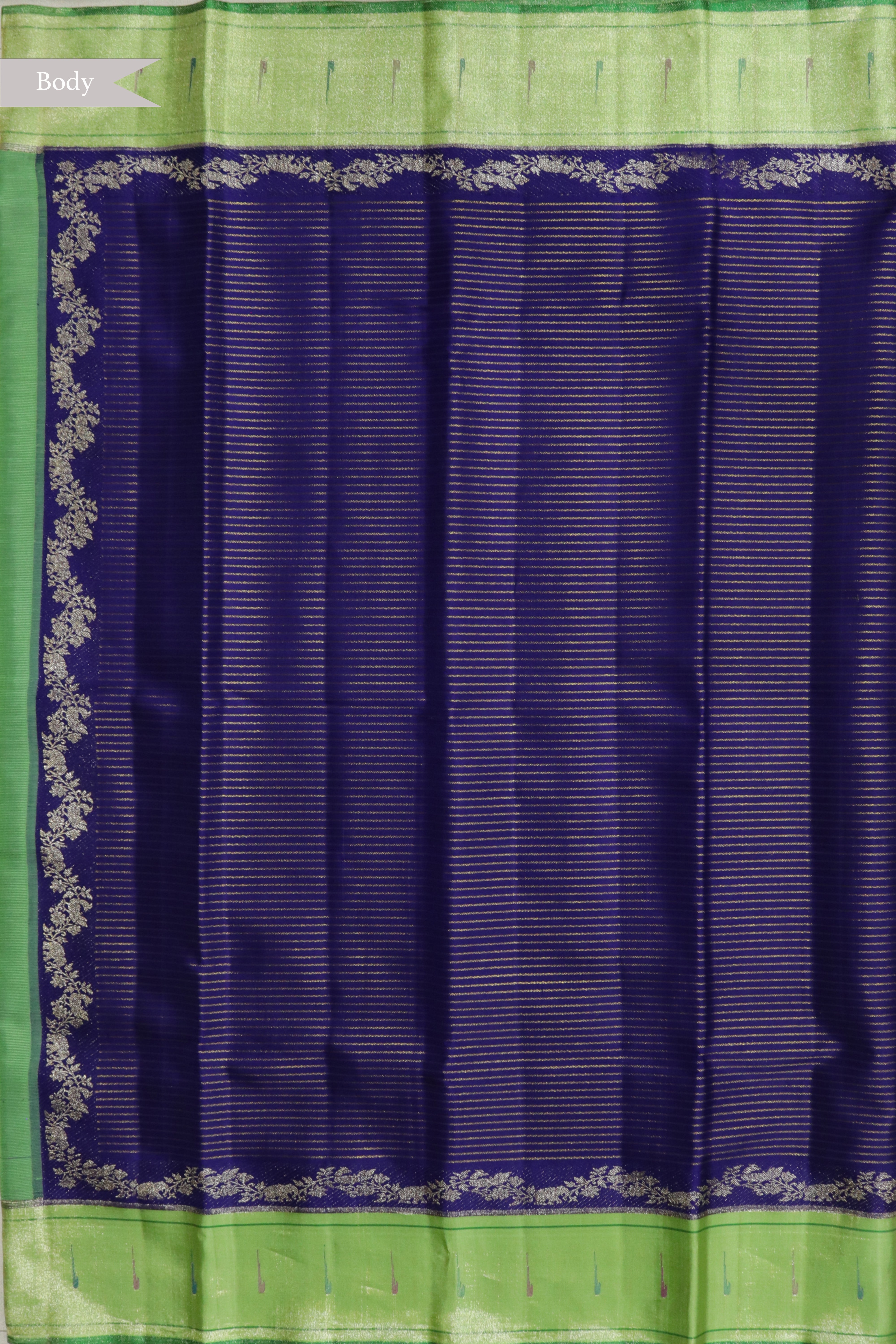 Ink Blue Kanchivaram Silk Saree and Contrast Green Single Muniya Border