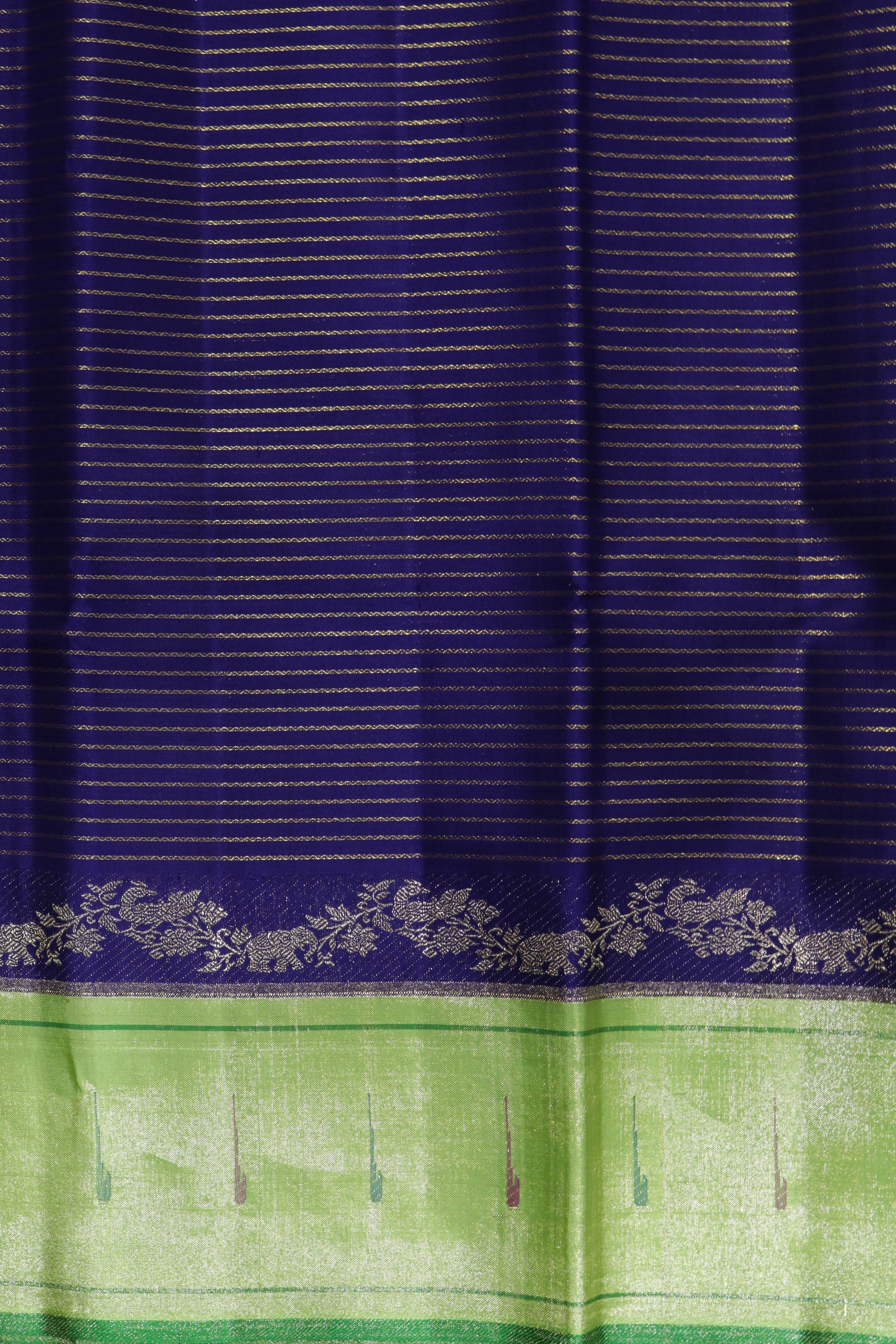 Ink Blue Kanchivaram Silk Saree and Contrast Green Single Muniya Border