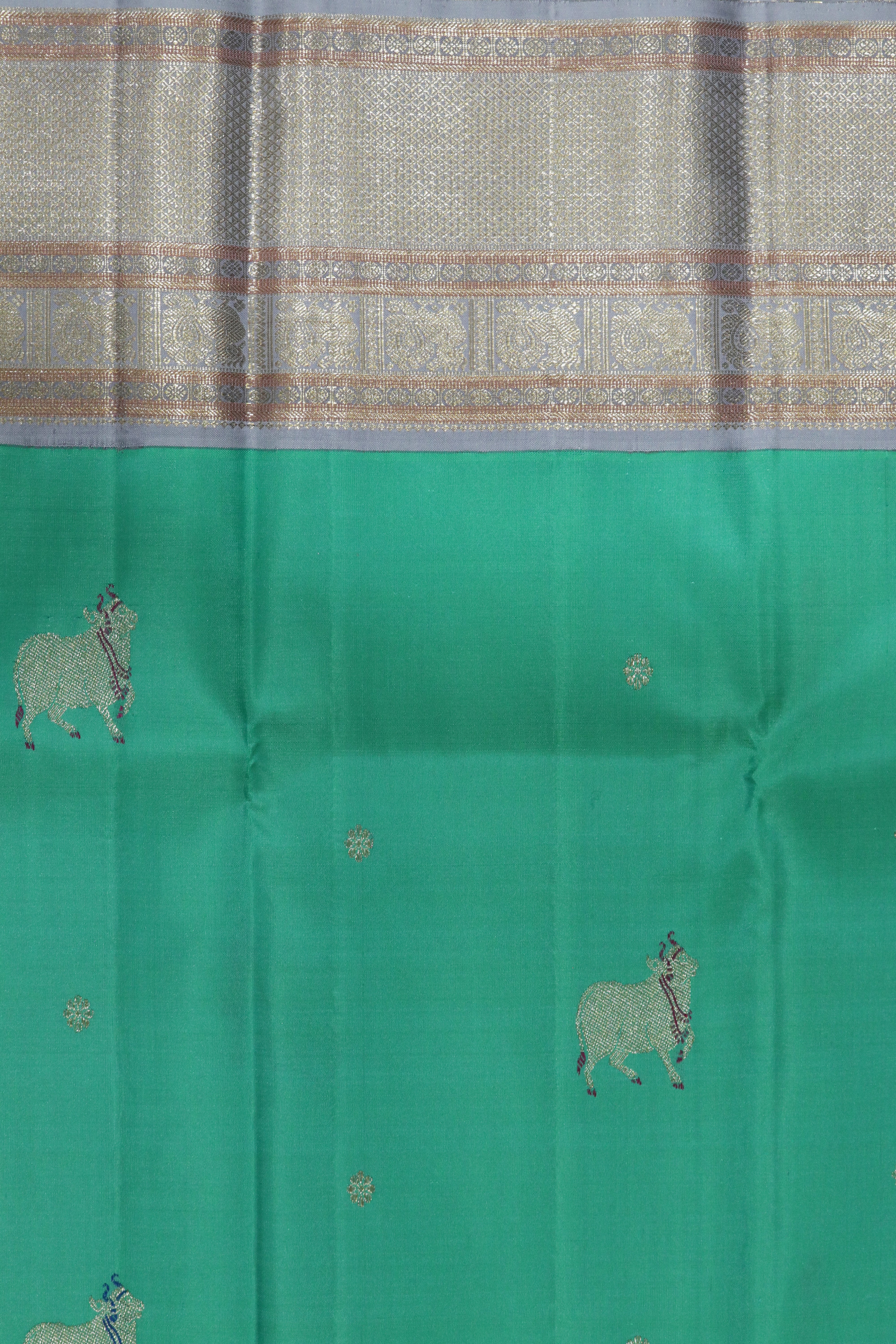 Teal Blue Kanchivaram Silk  Contrast Beige Zari Border