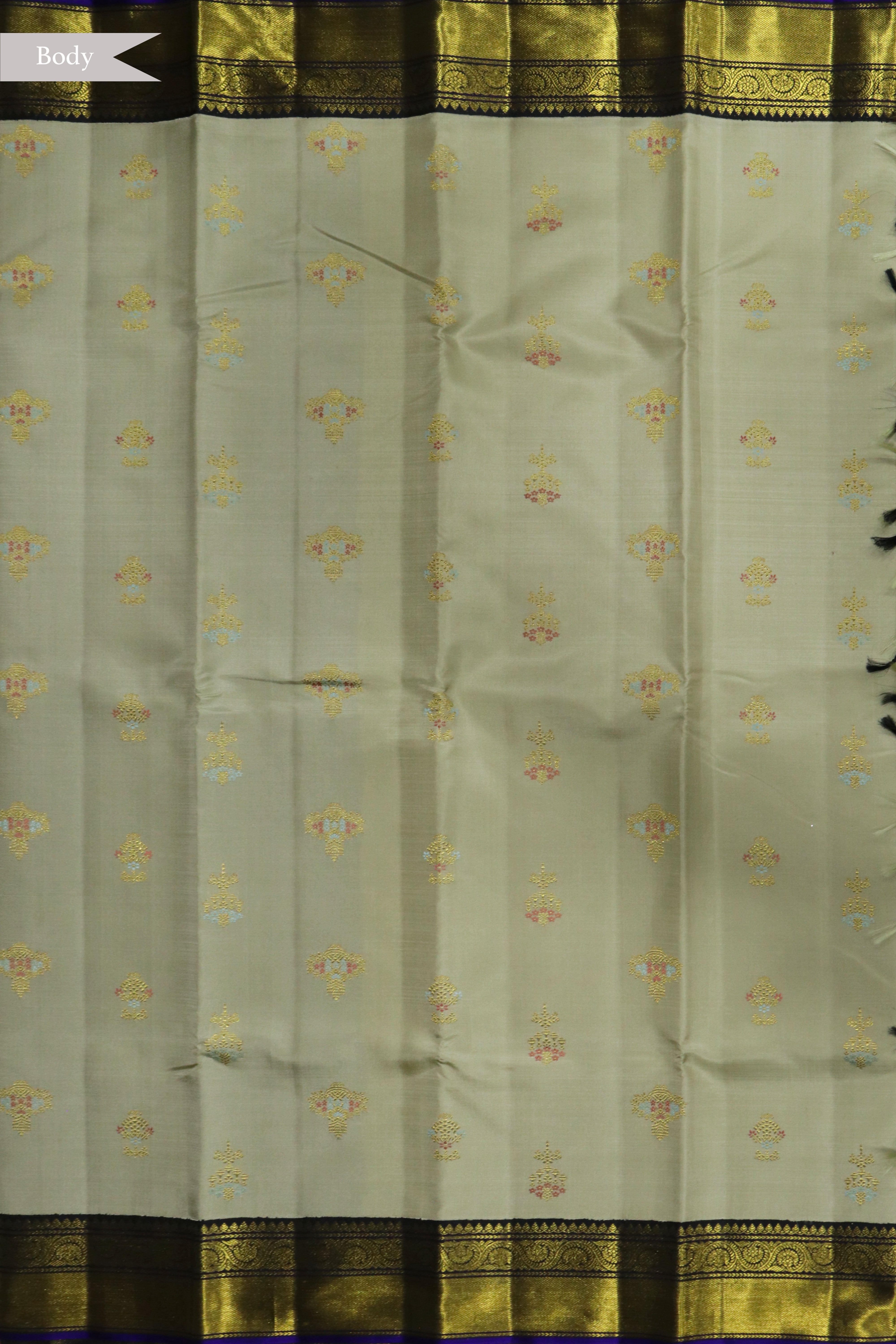 Beige Kanchivaram Silk Saree with Meenakari Motifs and Rich Zari Contrast Border