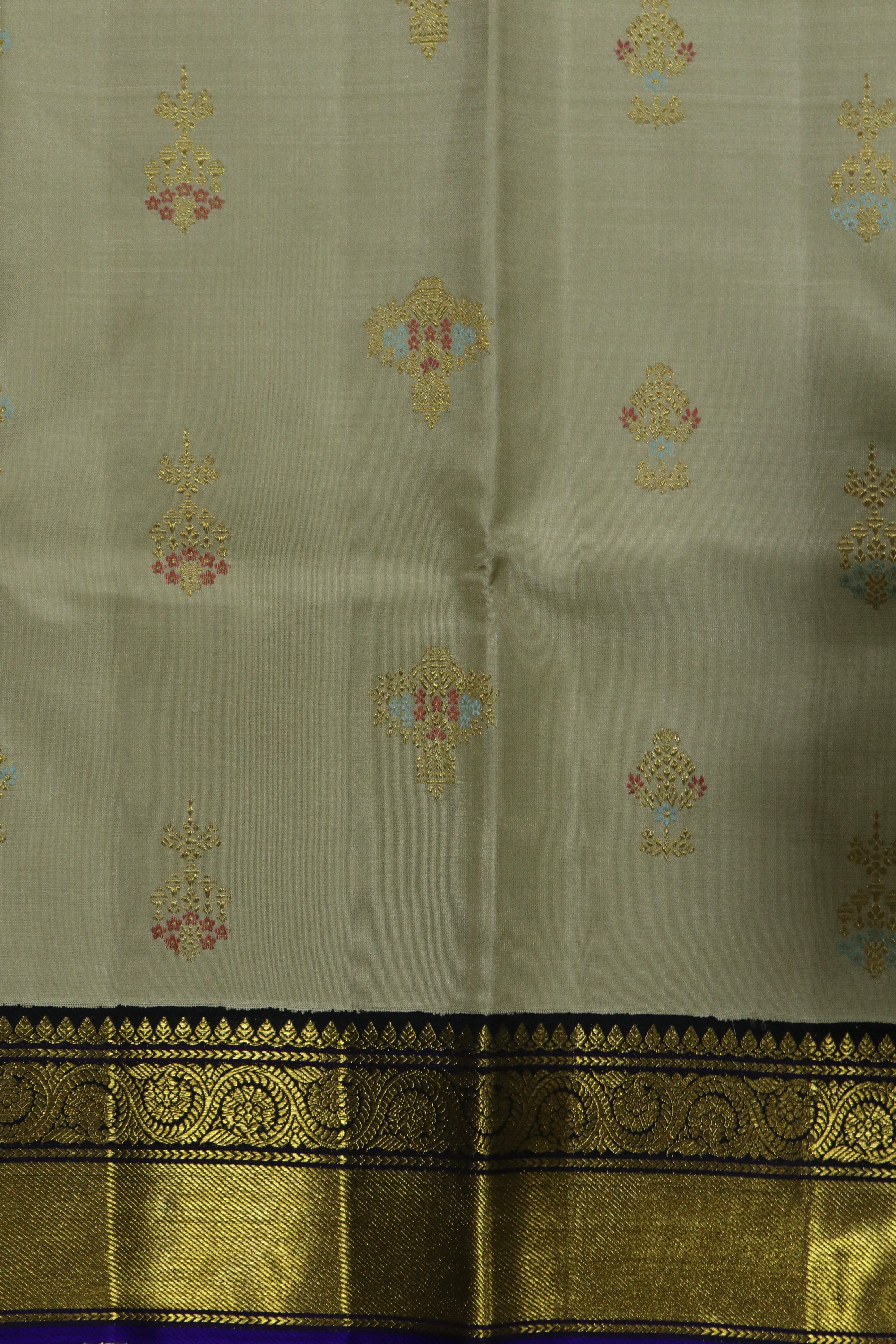 Beige Kanchivaram Silk Saree with Meenakari Motifs and Rich Zari Contrast Border